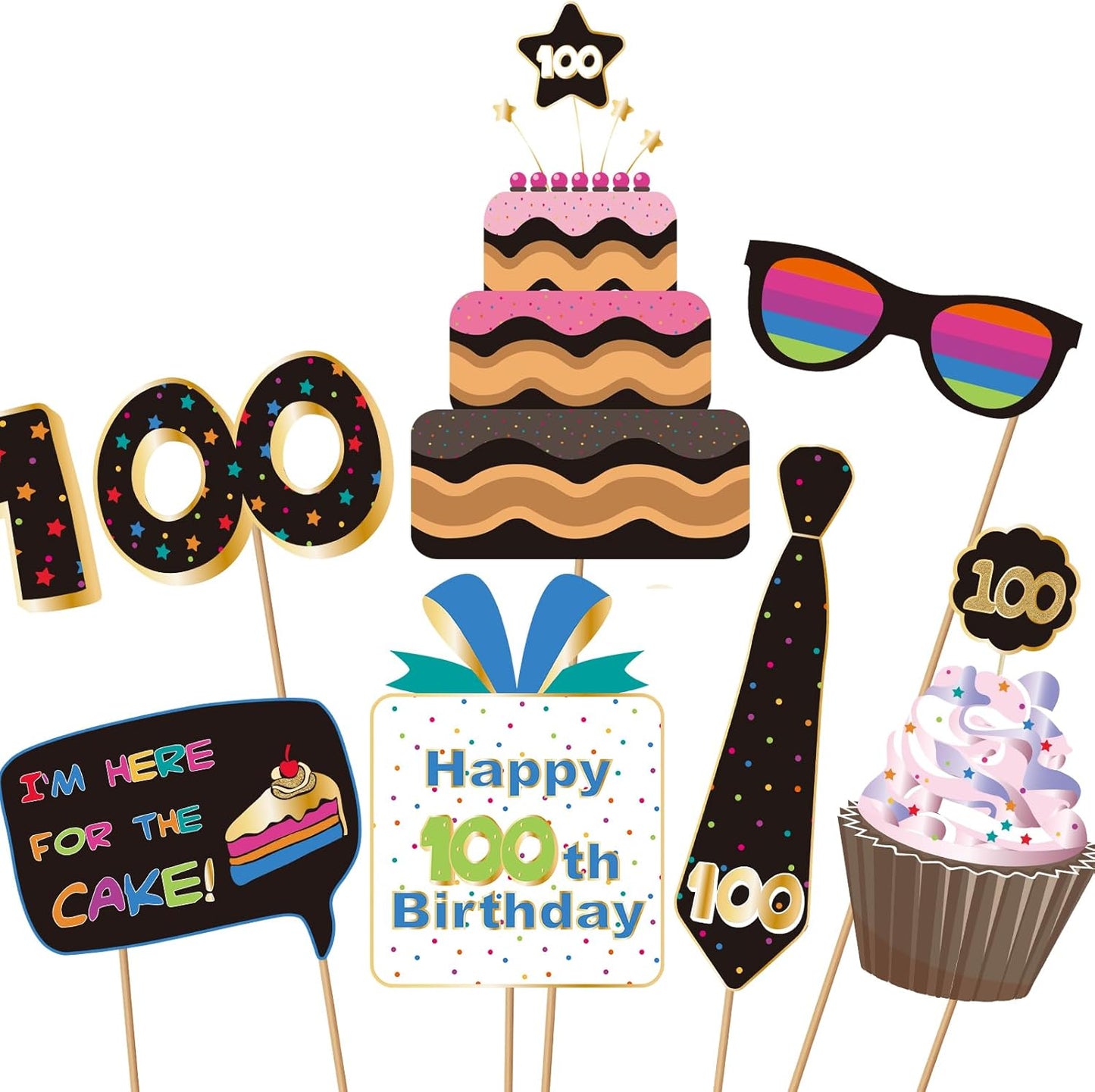 BRT Bearingshui 100th Birthday Party Photo Booth Props Accessories, 100th Happy Birthday Party Decorations Supplies Favors