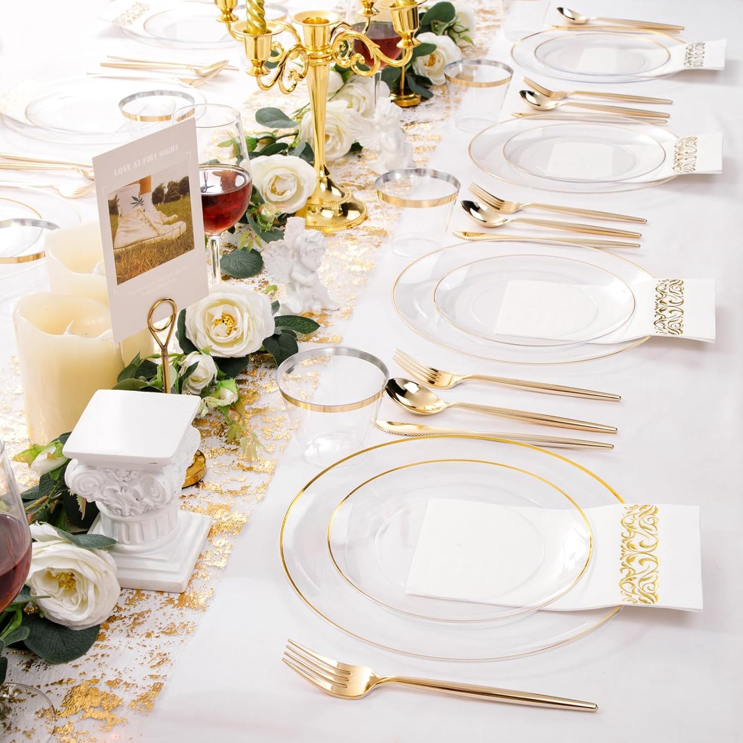 MirthMood 350Pcs Clear and Gold plates,Clear plates, Plastic Plates for Party Include 50 Dinner,50Dessert Plate,50 Cup&50 Napkins, 150 Gold Silverware for Wedding & Party & Birthday