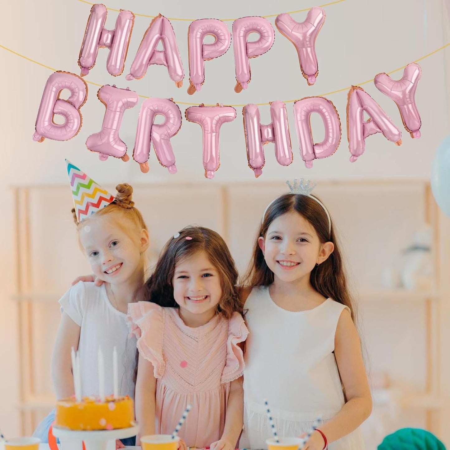 LIOZEOKUN Happy Birthday Balloon Letters 16 inch Mylar Foil Birthday Balloons Banner Sign for Birthday Party Decorations Supplies (Light pink)