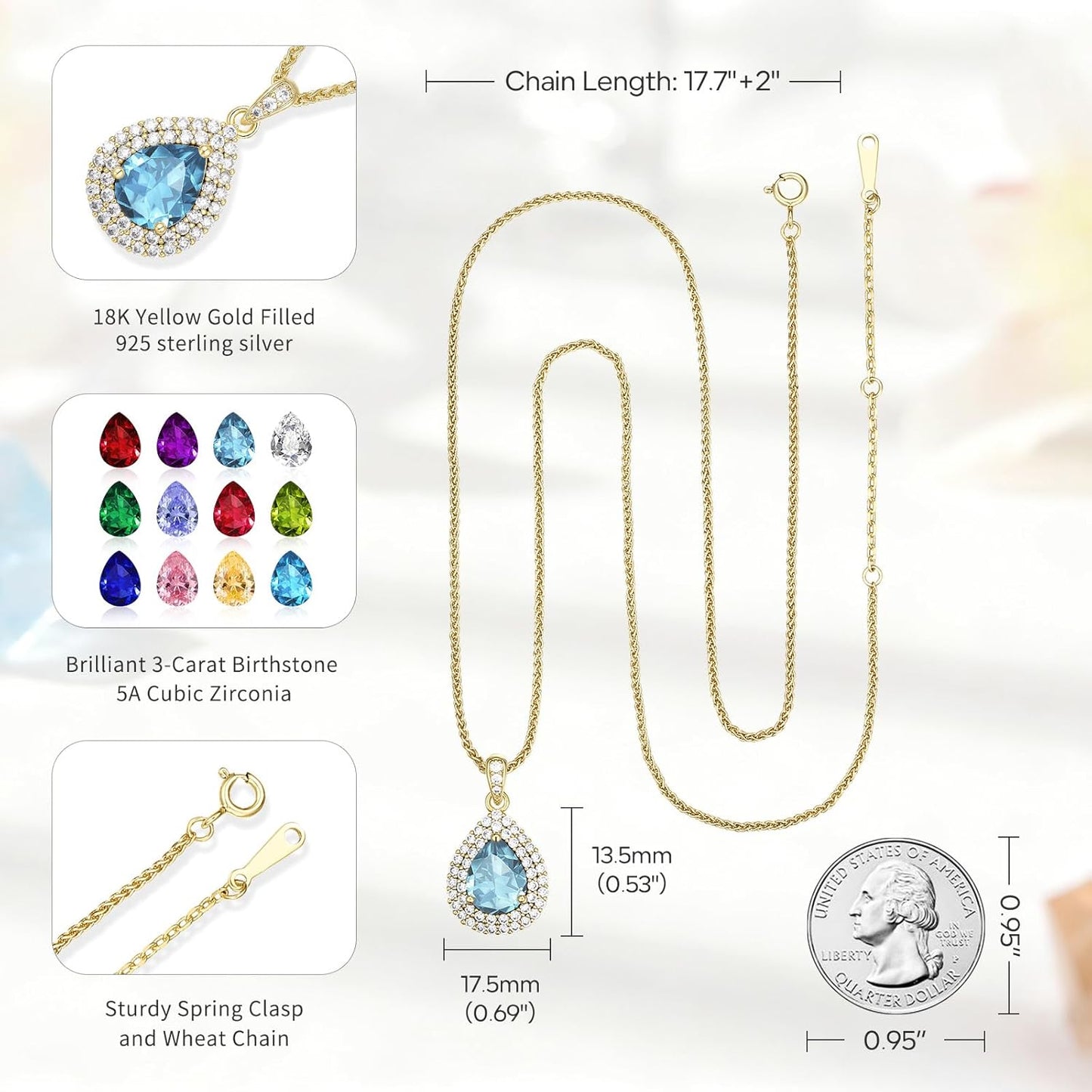 Gold Necklace for Women-Teardrop Birthstone Pendant-18K Gold Plated Chain with Light-Up Gift Box, Jewelry for Women,Anniversary Birthday Gifts for Her Wife Girlfriend Mom,Womens Jewelry