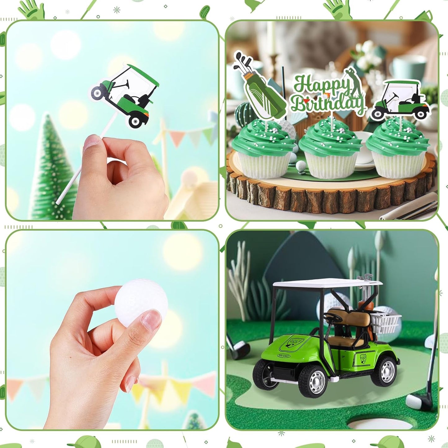 RAYNAG 19 Pieces Golf Cake Topper Birthday Decorations Party Supplies With Clay Figurine Cart Sun Umbrella Ball Green Tree for Themed Cake Decorations Party Favors