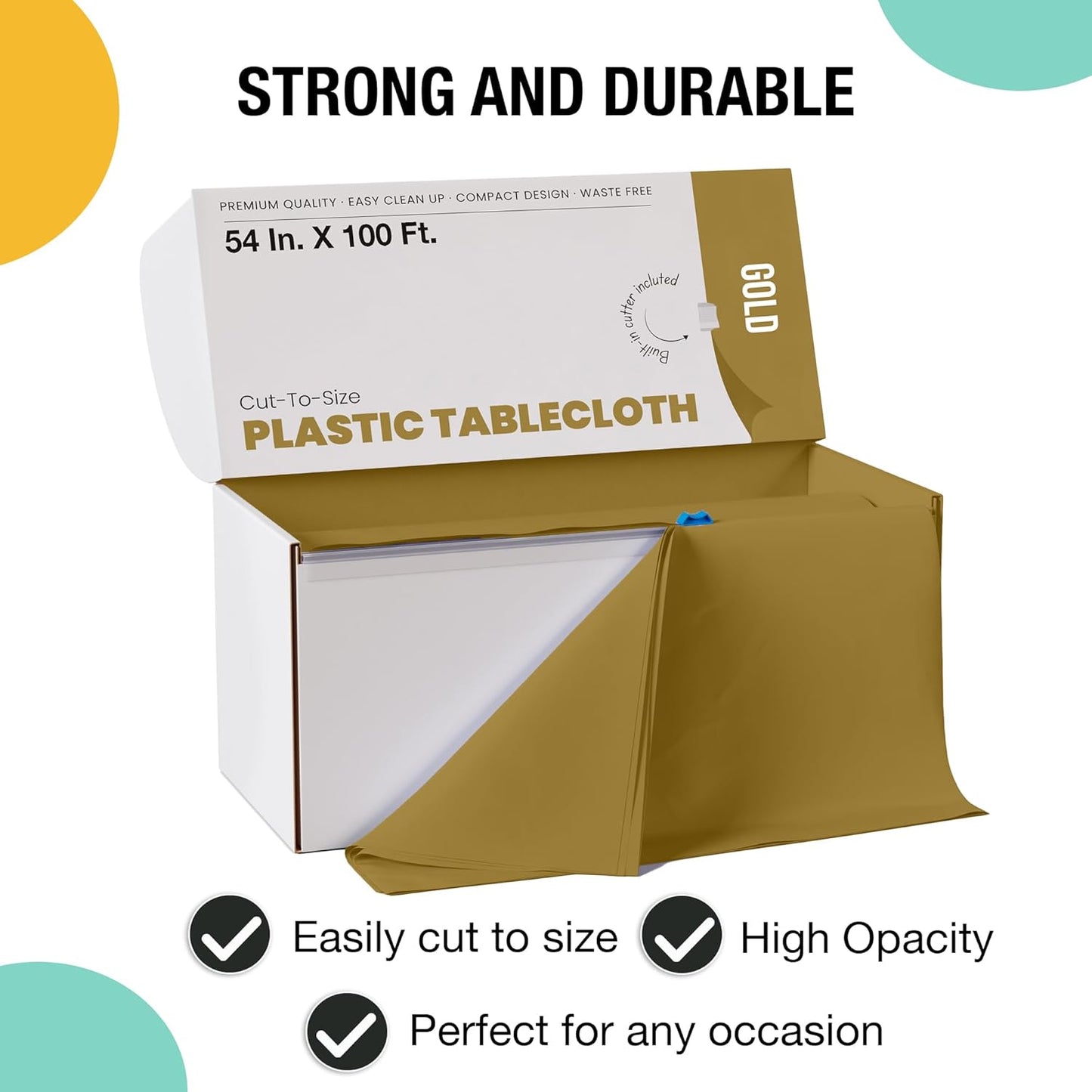 Party Solids 54 Inch X 100 Feet Gold Plastic Table Cover Roll in A Cut - to - Size Box with Convenient Slide Cutter. Cuts Up to 12 Rectangle 8 Feet Plastic Disposable Tablecloths