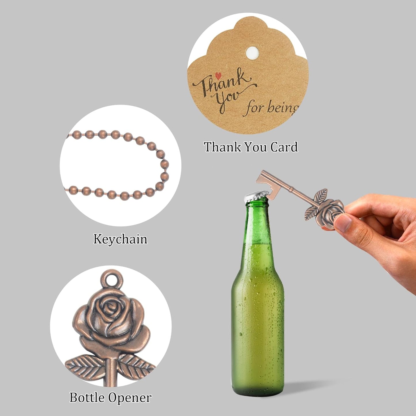 Aokbean 100 Sets Wedding Favors Rose Key Bottle Opener for Bulk Wedding Guests Gifts Vintage Skeleton Key Opener with Escort Tag Cards and Keychain (Copper)
