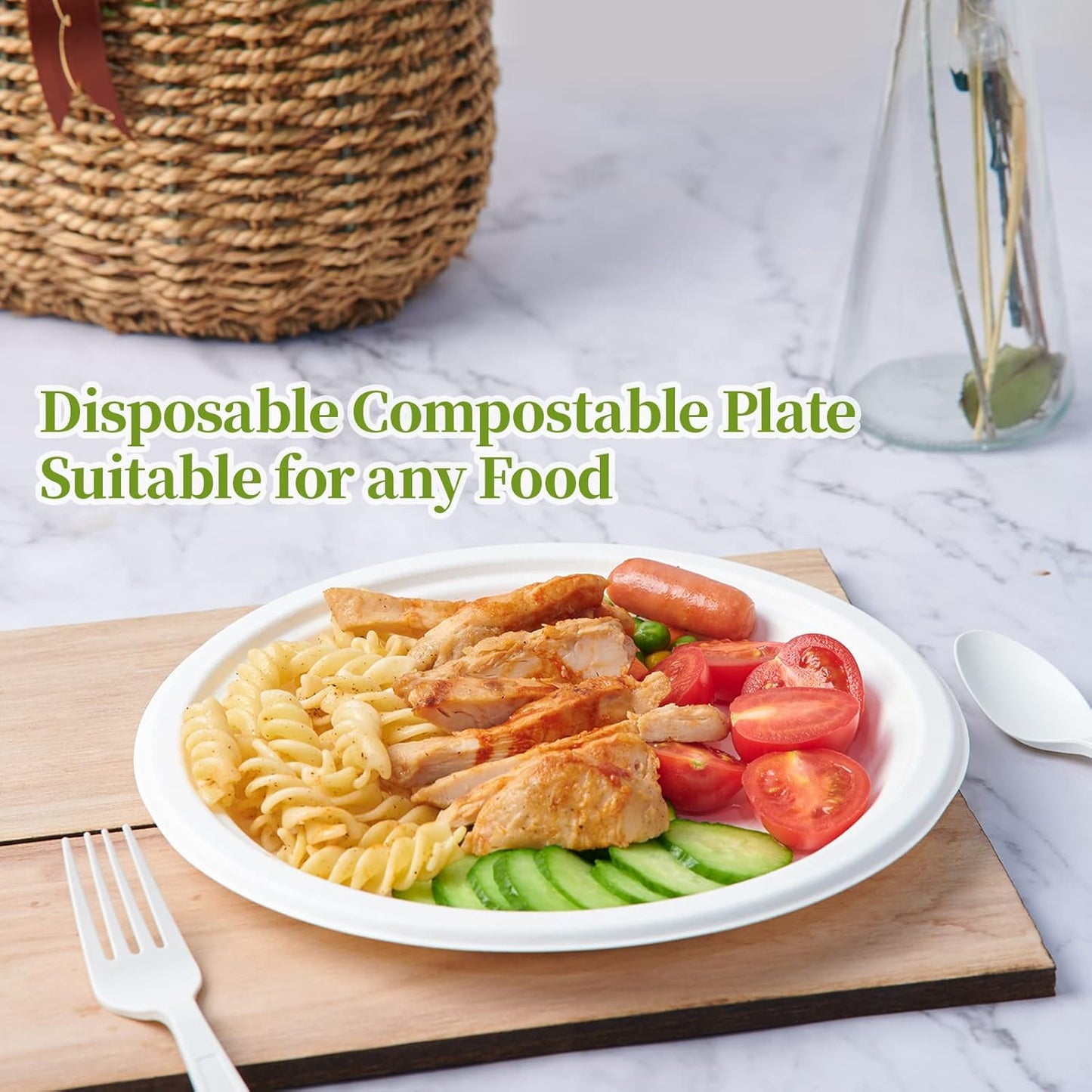 ECOLipak 100% Compostable 10 Inch Heavy Duty Paper Plates, 150 Pack Disposable Biodegradable Eco-friendly Sugarcane Bagasse Plates for Thanksgiving Party(White)