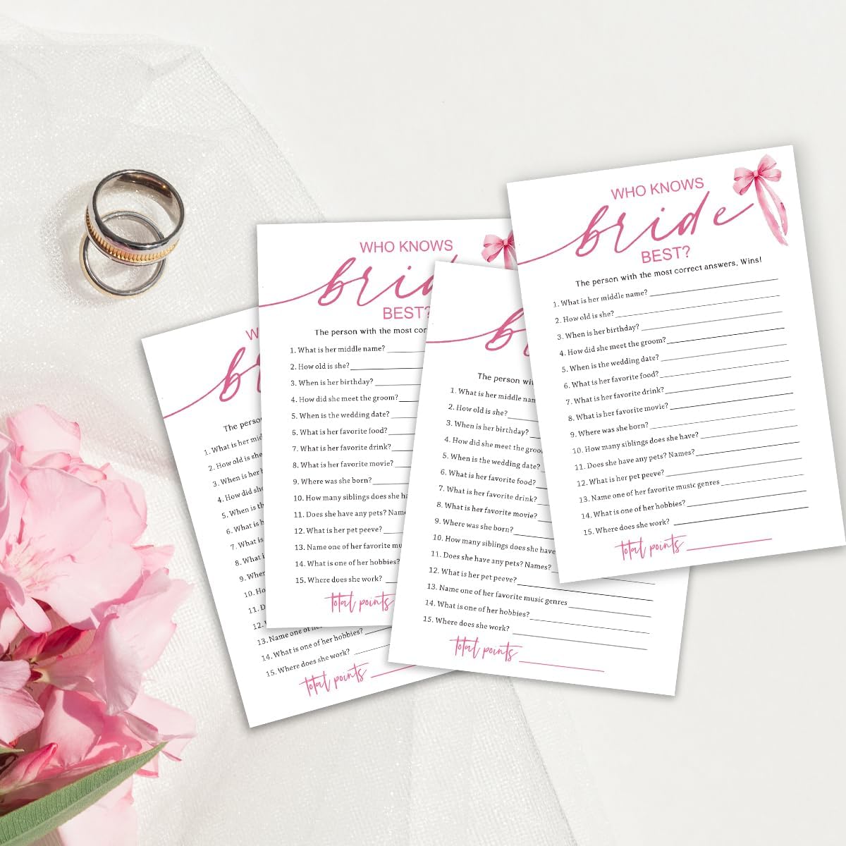 Wedding Shower Games Cards, Who Knows The Bride Best, Bridal Shower Games 25 Guests, Engagement Party Wedding Games for Guests, Pink Ribbon Bow Wedding Party Supplies - E03