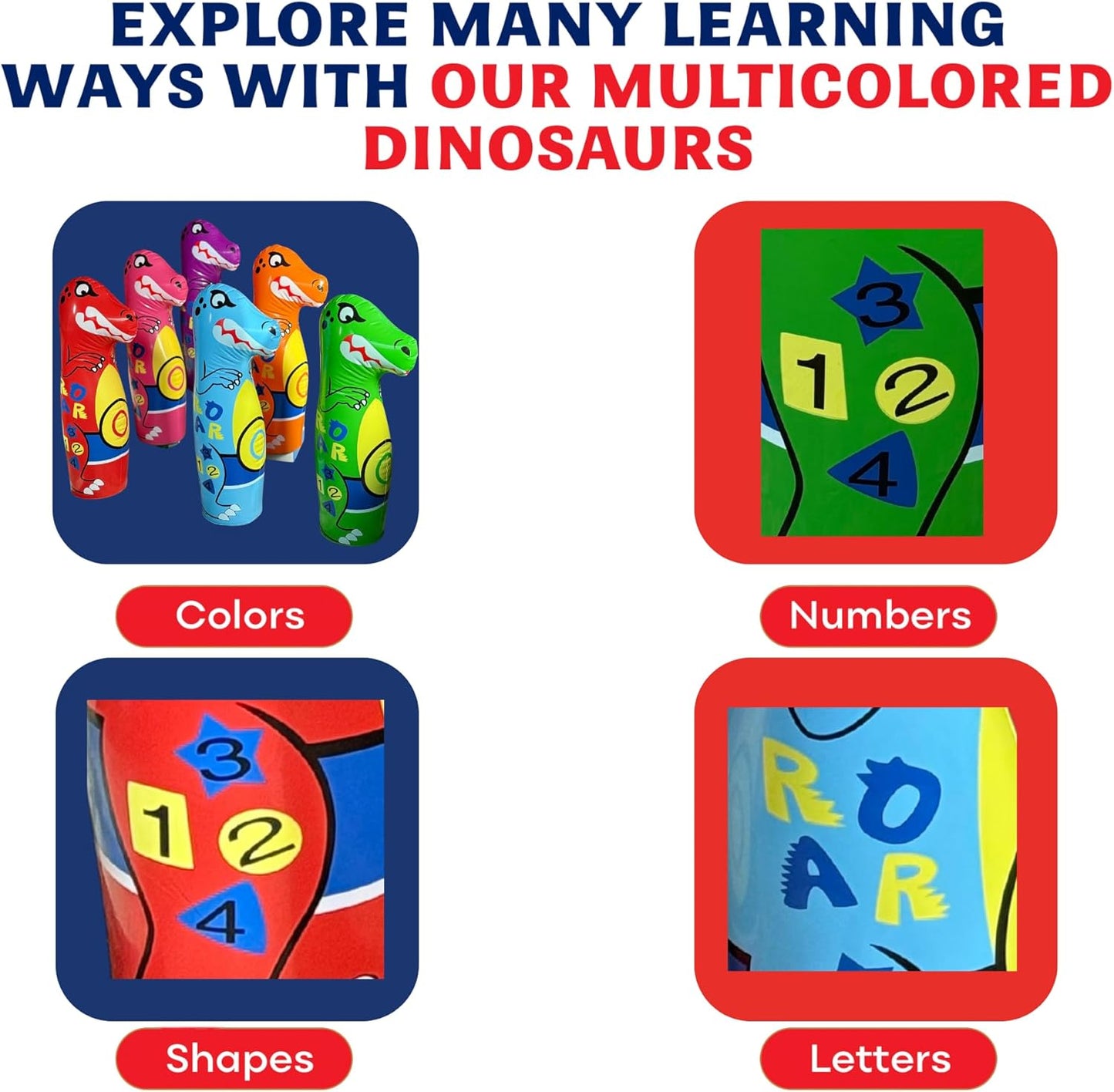 Inflatable Dinosaur Bowling Set for Kids – 6 Giant 26” Pins & 24” Ball – Fun Indoor/Outdoor Game – Educational Motor Skills Toy – Great Birthday Gift – Teaches Numbers, Letters & Shapes