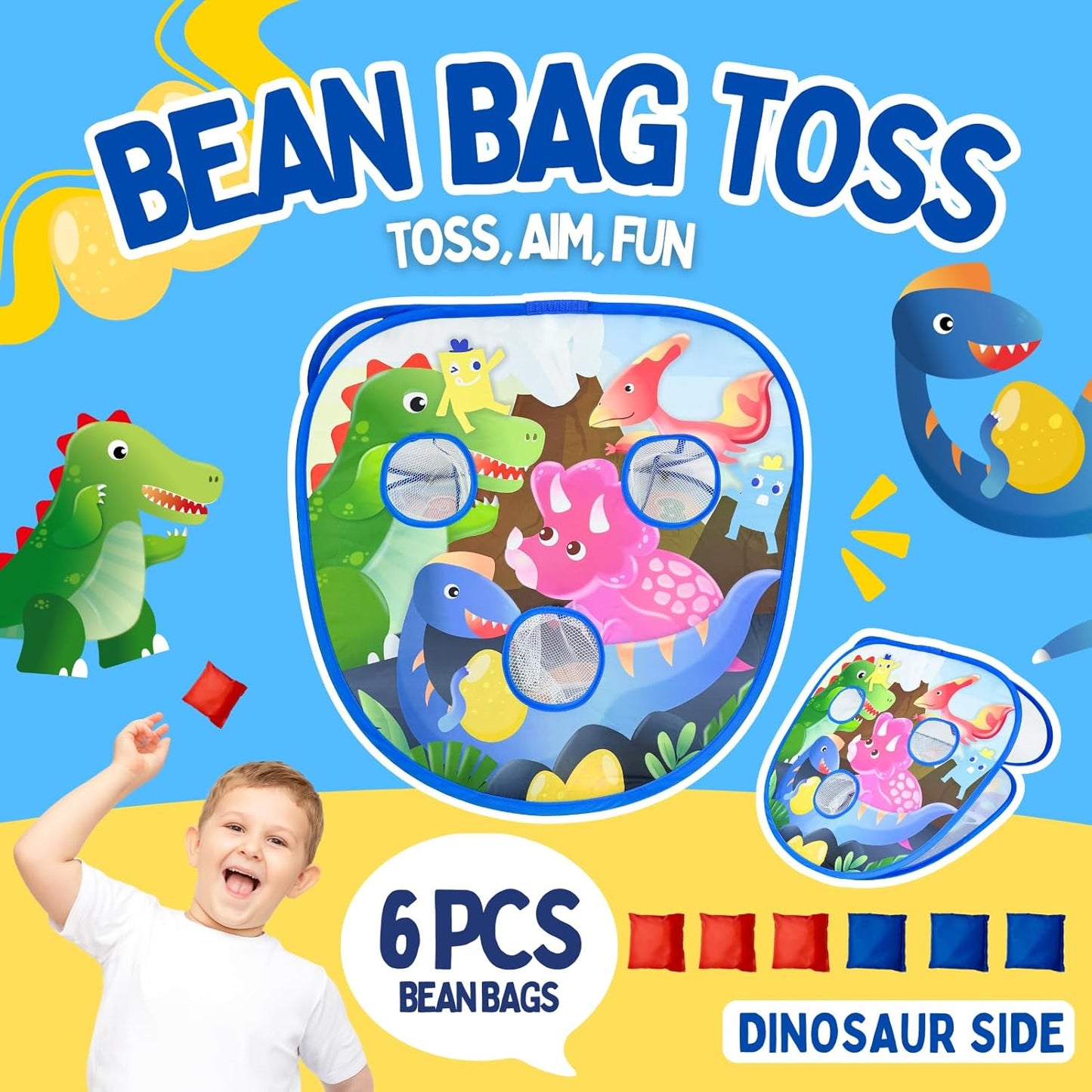 2 in-1 Dinosaur and Spaceship-Themed 27-inch Bean Bag Toss Game Set for for 1-2 Players, Backyard Games, Family Party, Birthday, for Toddlers Ages 3 4 5 6 Year Old- Amazon Exclusive