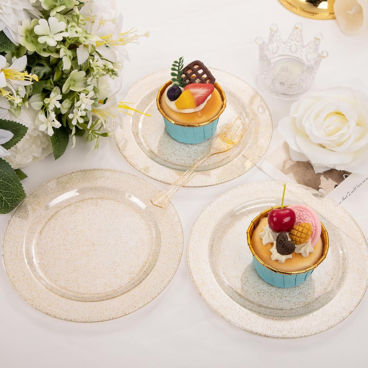 WELLIFE 60PCS Gold Glitter Dessert Plates and 60PCS Plastic Forks, 6.3 inch Disposable Dessert Plates for 60 Guests, Durable Gold Glitter Cake Plate, Perfect for Party