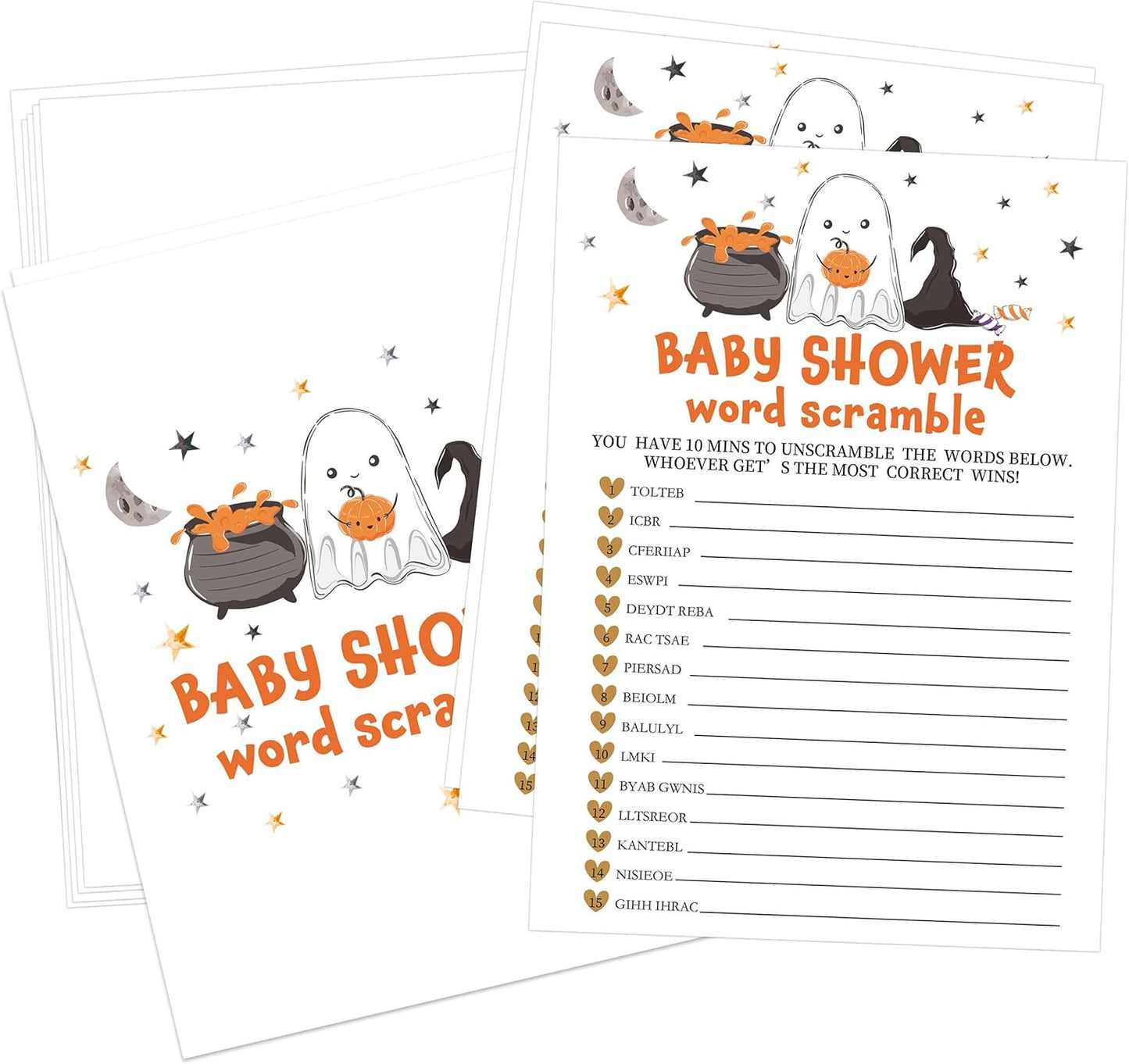 Halloween Baby Shower Word Scramble Game, 30 Halloween Gender Reveal Games for Guests (Included Answer Card) 5x7 inch, Perfect for Neutral Gender Reveal Decorations Party Favors Supplies