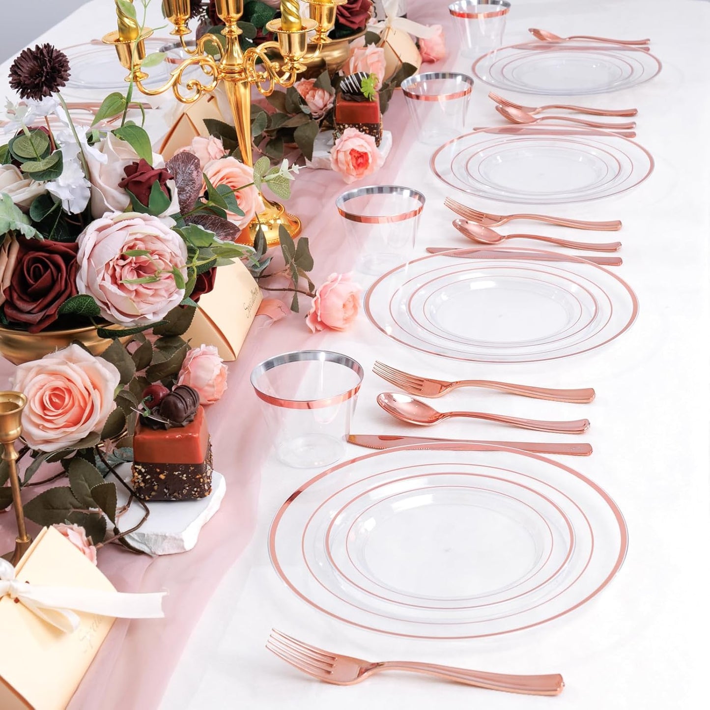 bUCLA 600PCS Clear Rose Gold Plastic Dinnerware Set Disposable - Include 100 Dinner Plates, 100 Dessert Plates, 100 Knives, 100 Forks, 100 Spoons, 100 Cups for Party, Wedding & Mother’s Day