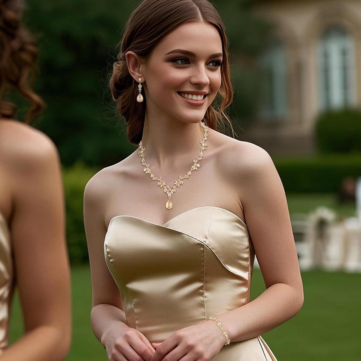 BriLove Wedding Jewelry Set for Women Bride, Y-Necklace Tennis Bracelet Dangle Earrings Crystal Teardrop Marquise Cluster for Bridal Bridesmaid