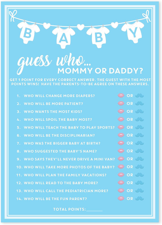 Party Hearty Baby Shower Games for Boy, 50 pcs Blue Mommy or Daddy Guess Who Game, Fun Activity Cards, Ideas