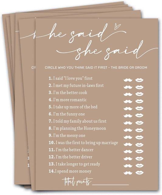 Bridal Shower Games Cards, Guest Who Said It, He Said She Said Game Cards, Bridal Shower Games 25 Guests, Engagement Party Wedding Games for Guests, Minimalist Brown Wedding Party Supplies - D07