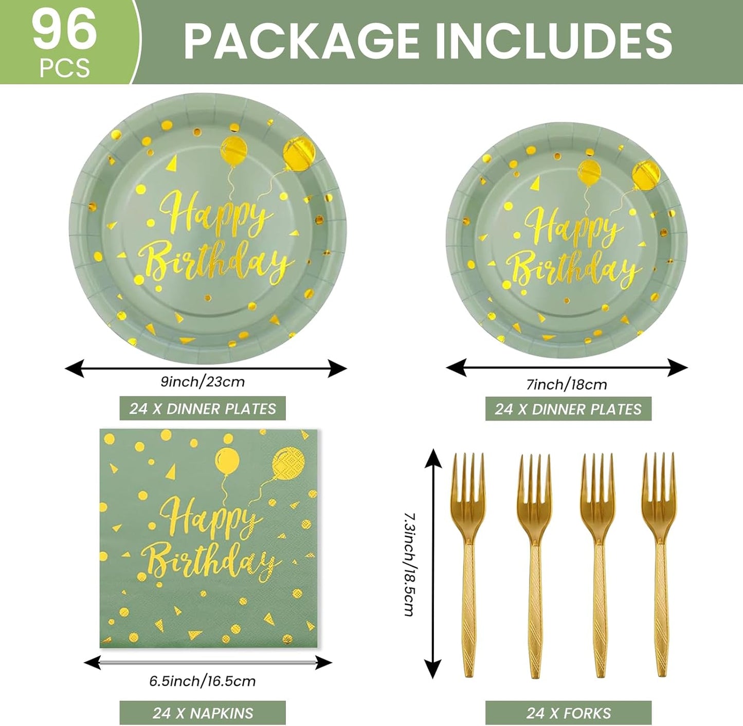 96PCS Happy Birthday Plates and Napkins Party Supplies, Sage Green and Gold Disposable Paper Plates and Napkins with Forks Tableware Set for Birthday Party Decorations 24 Guests (Birthday Sage Green)