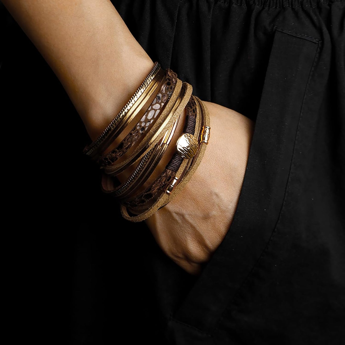 Fesciory Leopard Bracelet for Women, Boho Leather Wrap Multi-Layer Pearl Crystal Bracelet Bangle Jewelry