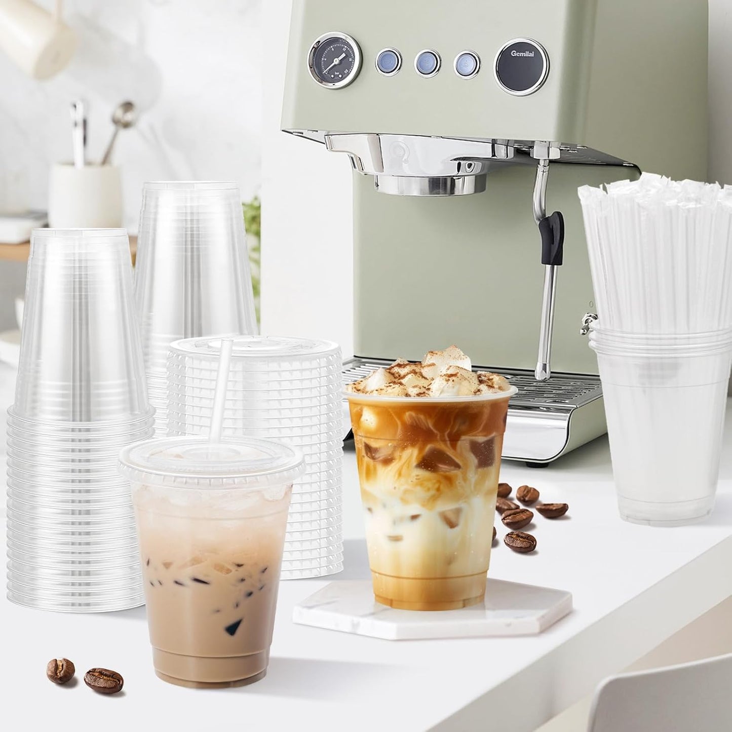16 oz 100 Pack Plastic Cups with Lids and Straws, Sturdy Food Safe Iced Clear Coffee Cups Disposable Smoothie Cups for Cold Drinks