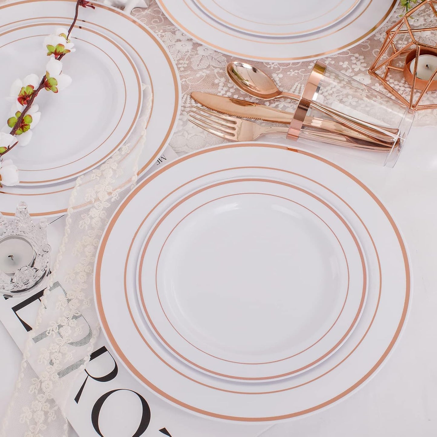 WELLIFE 150 Pcs Rose Gold Plastic Plates with Disposable Rose Gold Cutlery, Includes: 25 Dinner Plate 10.25", 25 Dessert Plates 7.5", 25 Cups 9OZ and 25 Silverware for Wedding