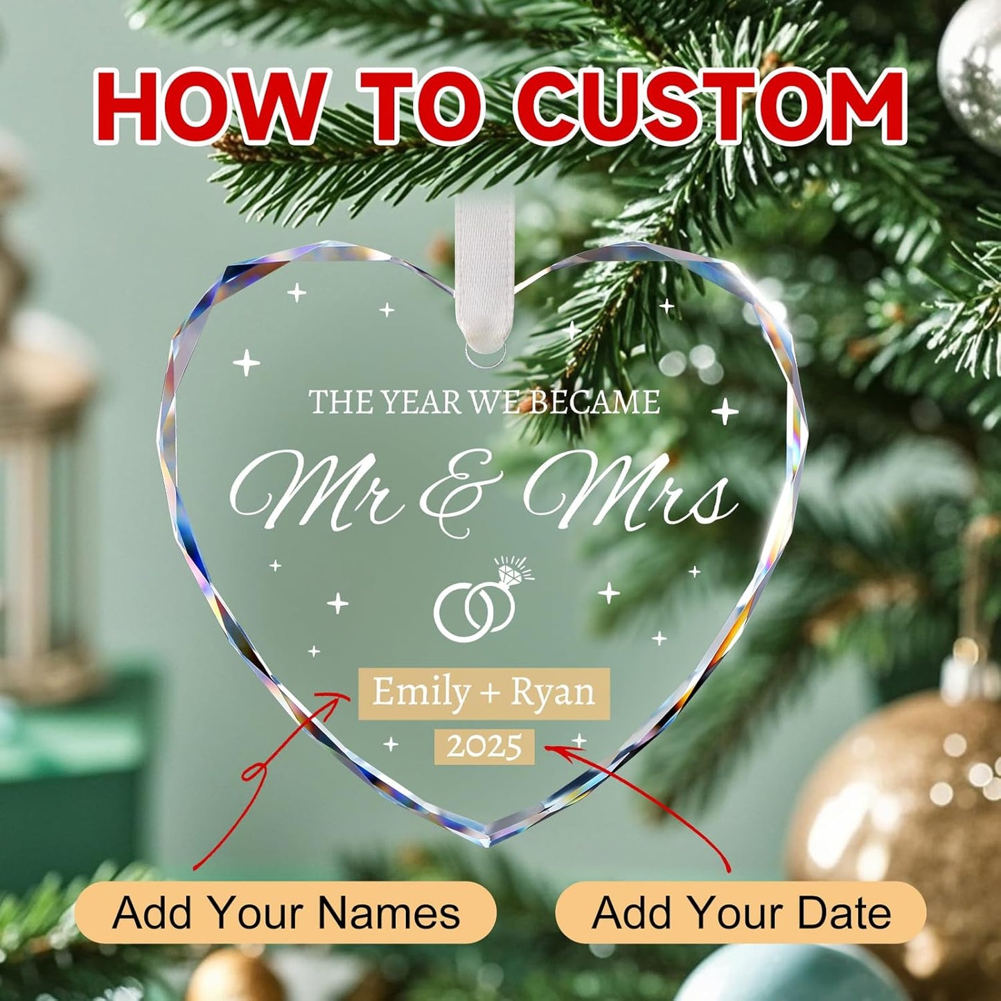 Wedding Gifts for Couples 2025 - Personalized Mr and Mrs Ornament - Bridal Shower Gifts, Wedding Gift for Bride, Newly Wed, Future Mr Mrs - Just Married Decorations Crystal Glass Ornaments