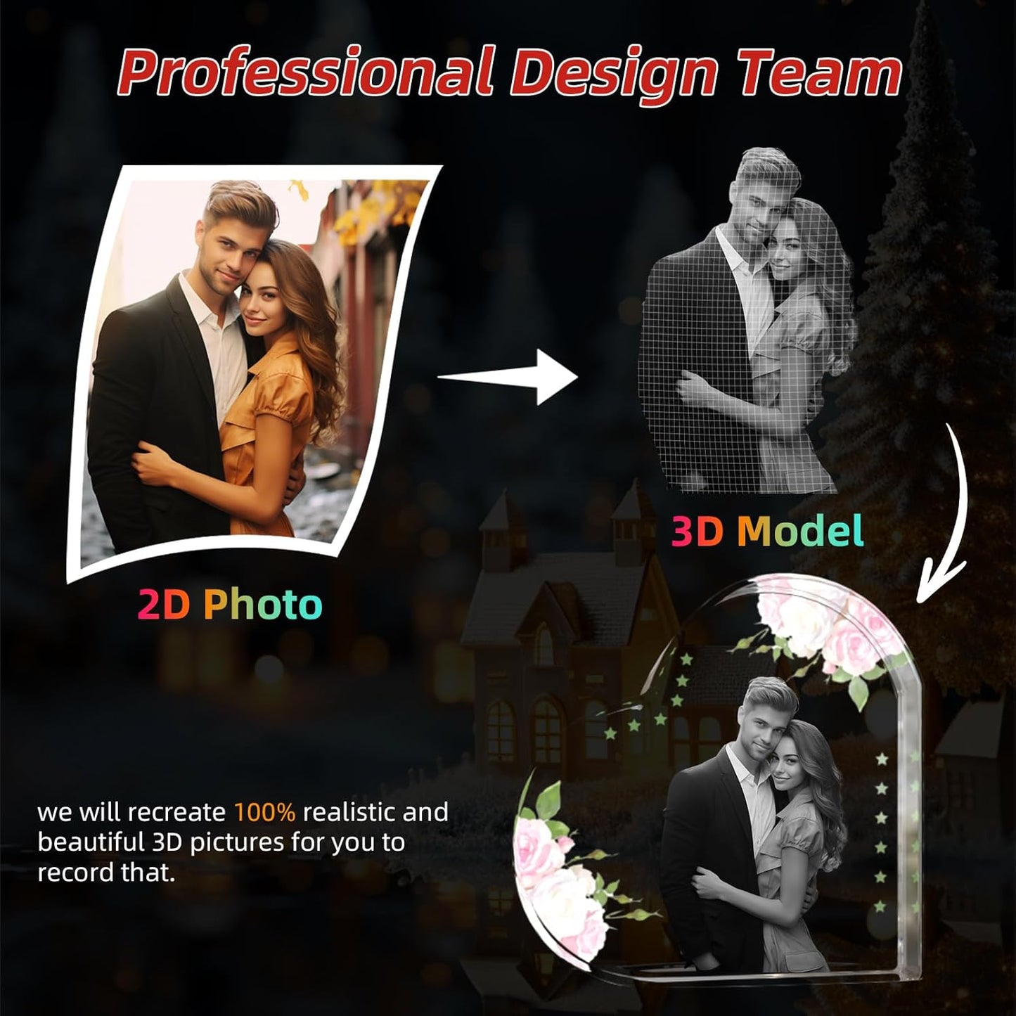 Artmosphere 3D Crystal Photo, Personalized Gifts for Women, Wife, Men, Mom, Father, Her, Him, Dad, Grandpa, Great Customized Gift With Your Own Photo, Custom Glass 3D Laser Etched Picture Wedding - Pink Rose