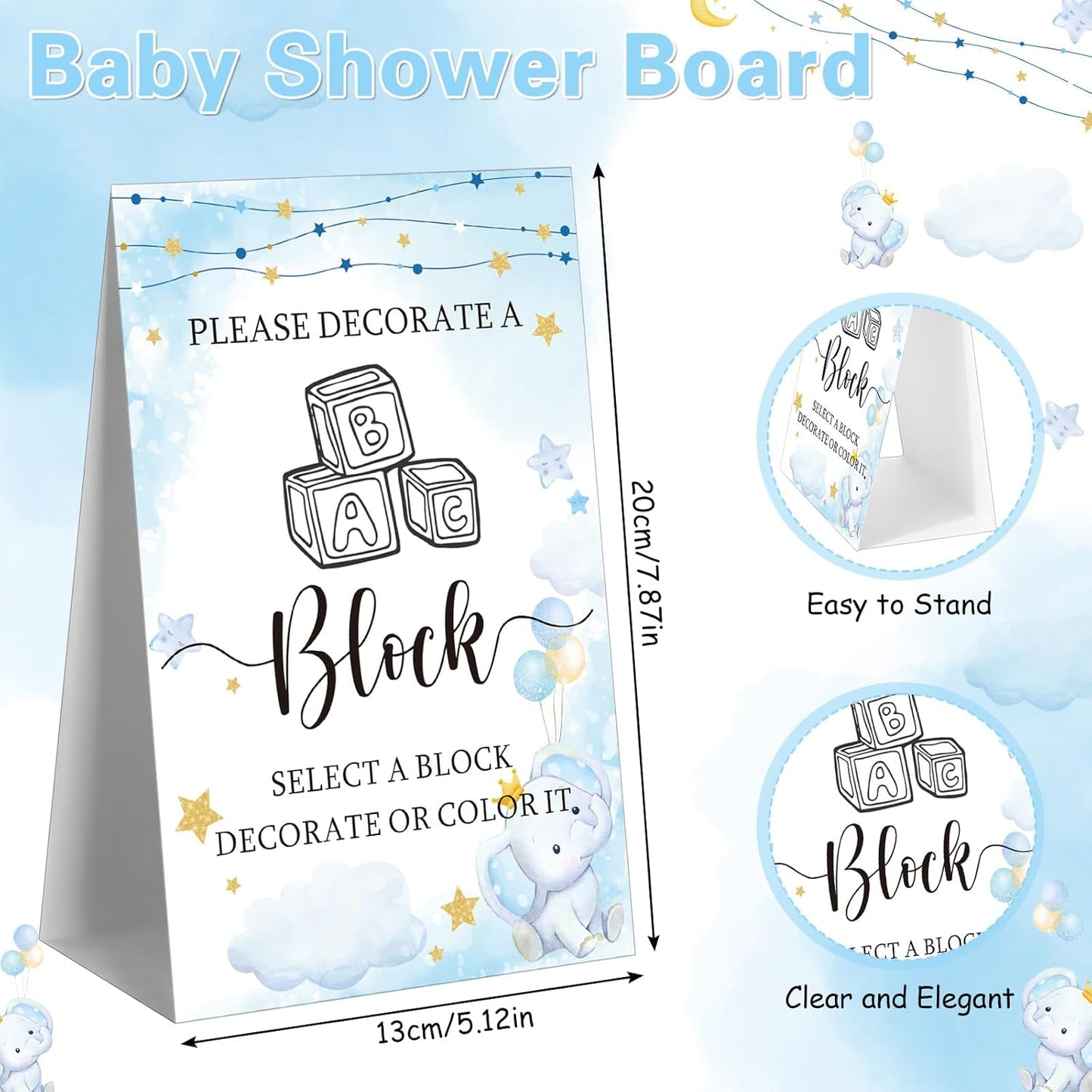 Marsui 136 Pcs Baby Shower Blocks to Decorate Game Kit Includes 98 Wooden Blocks, 36 Markers, 1 Game Sign, 1 Storage Box for Baby Shower Gender Reveal Activity Party Decorations(Blue Elephant)