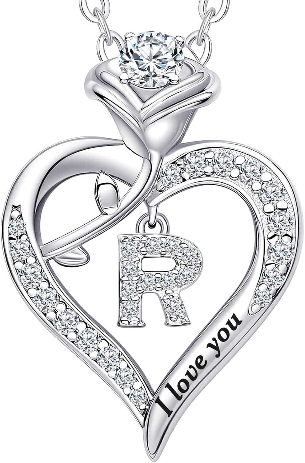 Rose Heart Pendant Necklace Gifts for Wife, Engraved 'I love you' Gift for Wife Girlfriend, Anniversary Birthday Eternity Jewelry Present for Women, Moissanite Necklace Gift for Her