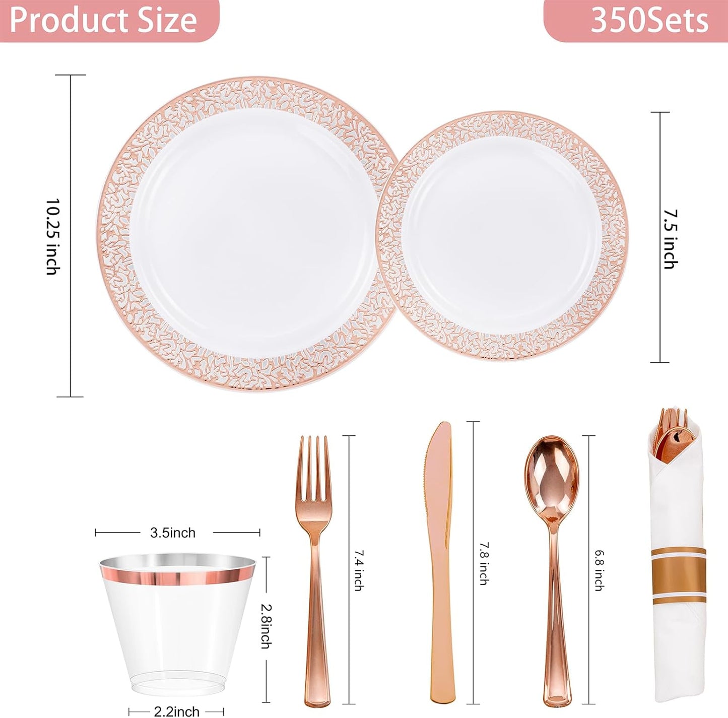WELLIFE 350 PCS Rose Gold Disposable Dinnerware Set for 50 Guests, Disposable Rose Gold Lace Plates, Include:50 Dinner Plate, 50 Dessert Plates, 50 Pre Rolled Napkins with Silverware and 50 Cups