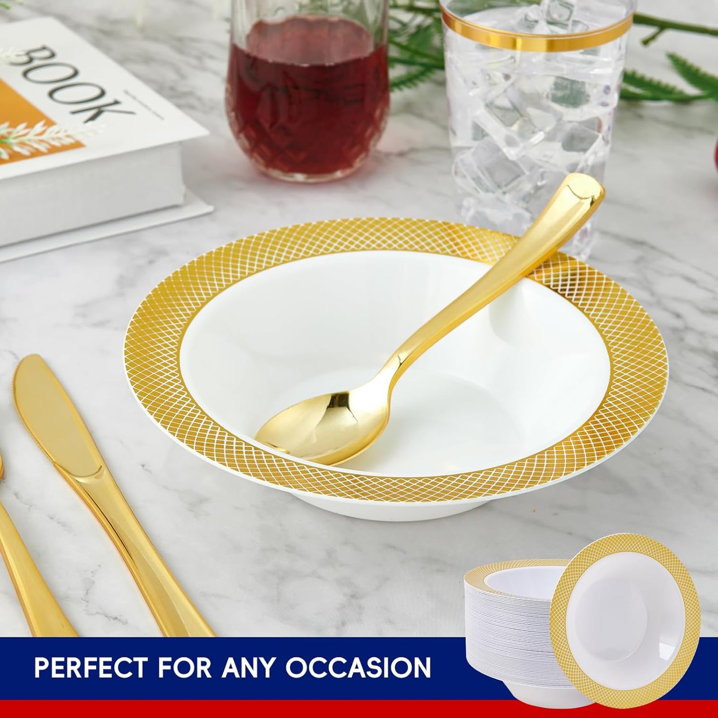 JOLLY CHEF 100 Disposable Plastic Bowls, 12oz Heavy Duty Disposable Dinner Bowls, Dessert Bowls with Gold Rim for Parties, Dinners, Catering, Thanksgiving and Everyday Use