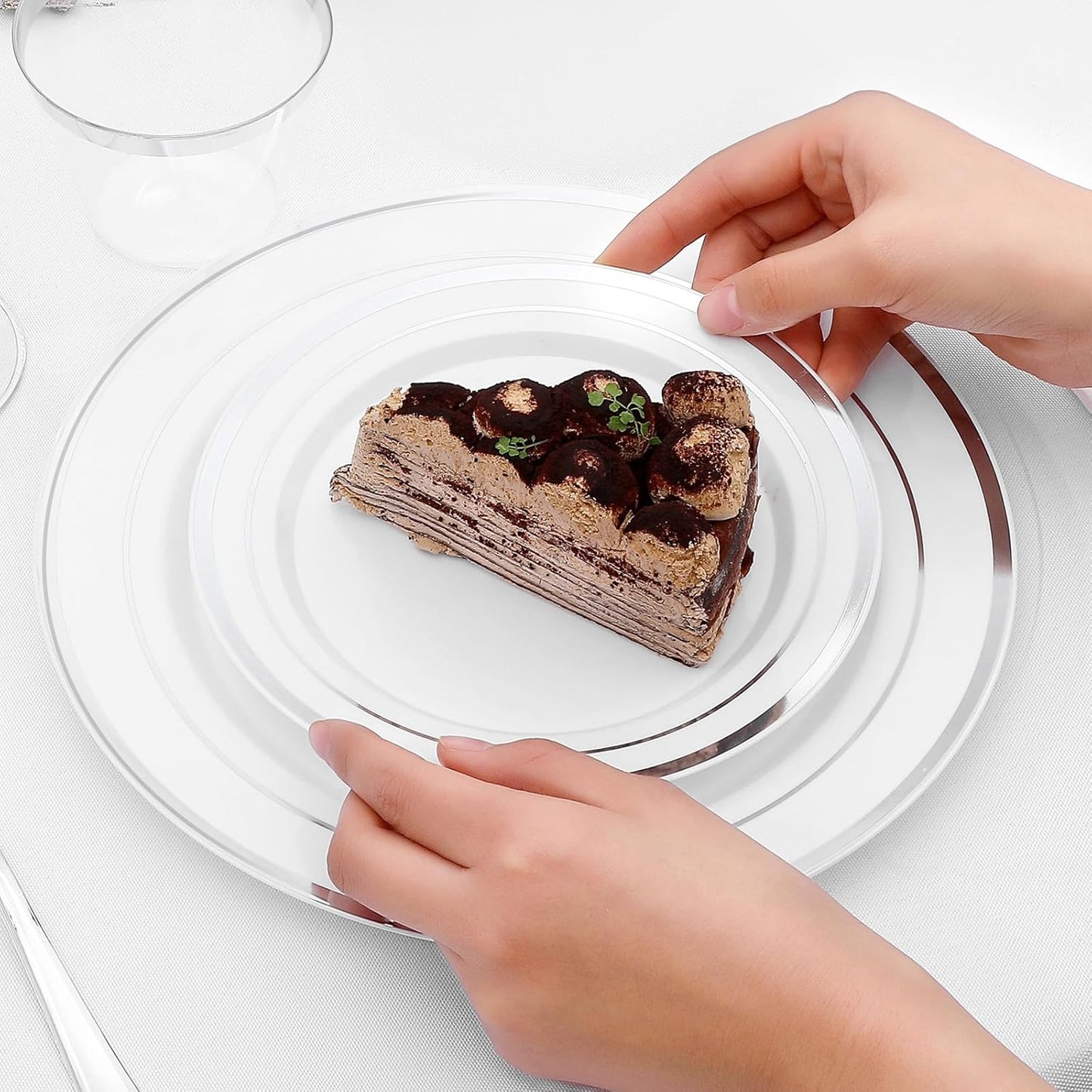 350-Piece Silver Rim Plastic Dinnerware Set for 50 Guests, Elegant Disposable Dinnerware for Party, Wedding. Includes Dinner Plates, Dessert Plates, Silverware, Napkins, Cups