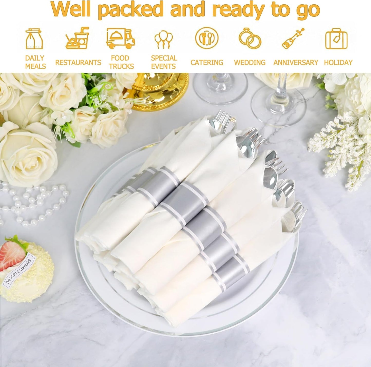 100 Pack Pre Rolled Silver Plastic Silverware Set,Wrapped Plastic Cutlery Set with Napkin Include 100 Forks,100 Spoons,100 Knives and 100 White Napkins for Party, Wedding,showers