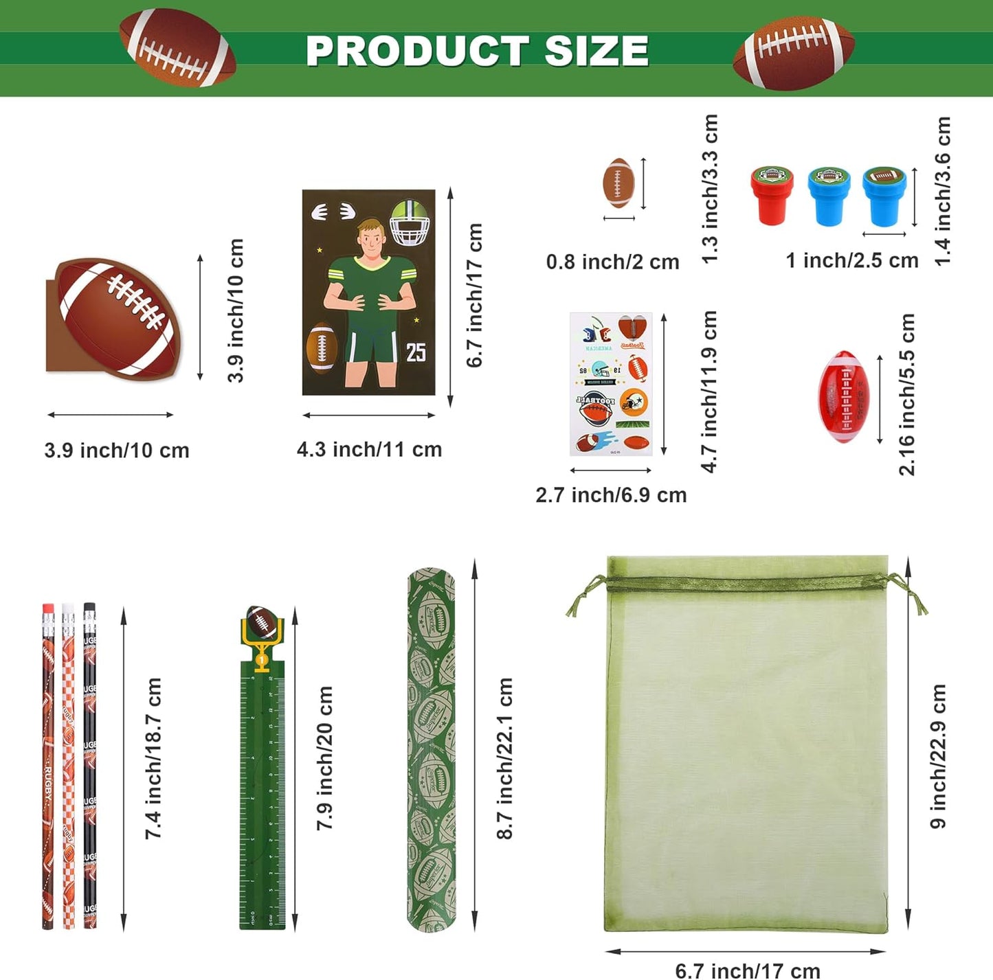 Aneco 340 Piece Football Party Favor Set Football Goodie Bag Stuffers Mini Card Pencil Sharpener Eraser Stamp Slap Bracelet Sticker School Stationery Bulk for Sport Party Team Game Prize Birthday Gift