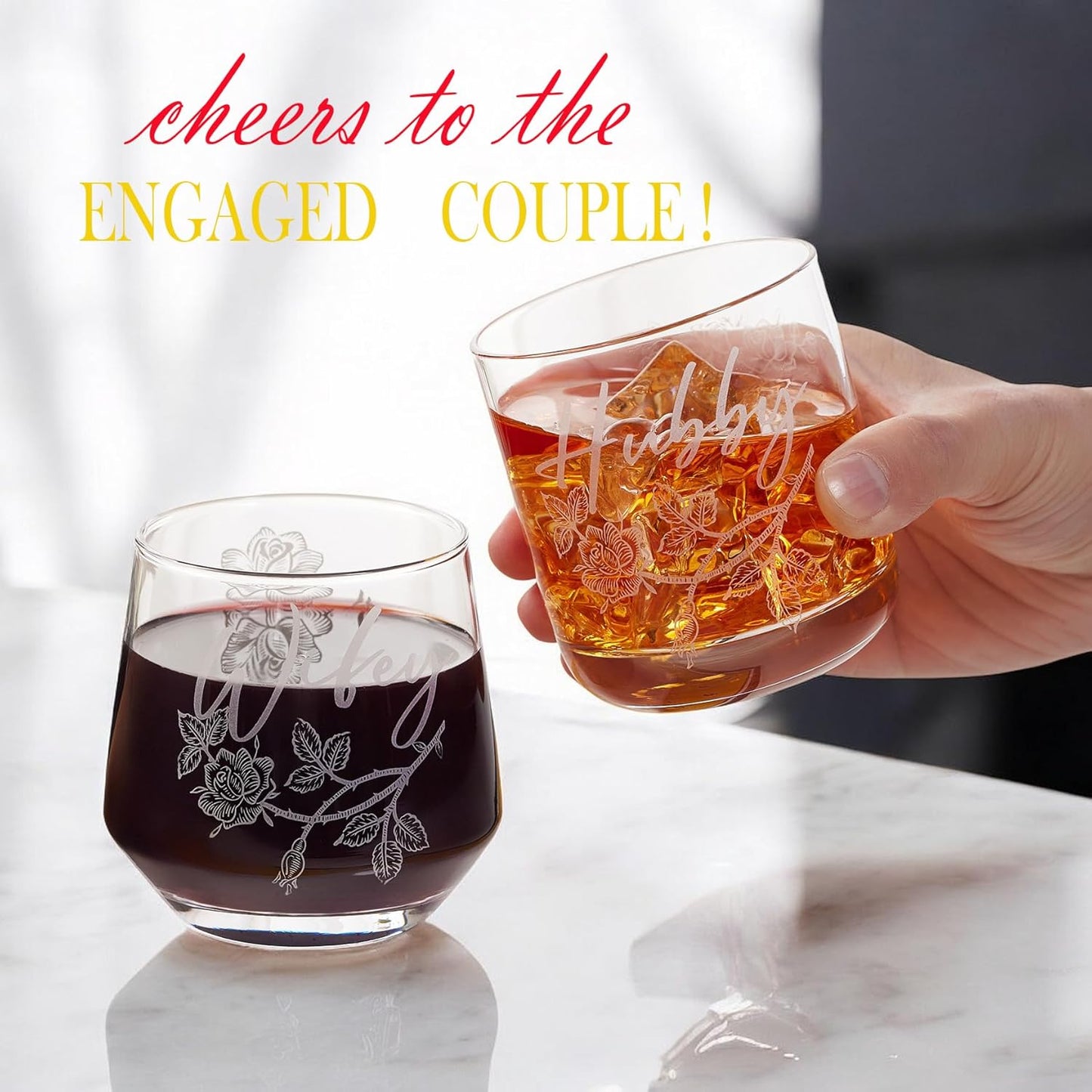 Laser engraving Wedding Gifts for Couples – His and Hers Whiskey & Wine Glasses with Glass Ornament | Perfect Bridal Shower, Engagement Gifts for Hubby and Wifey