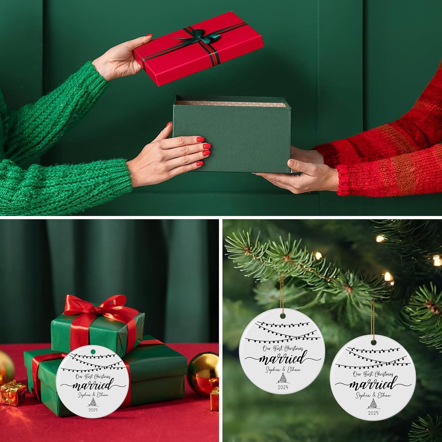 Personalized First Christmas Married Ornament 2025, Custom Engaged Christmas Ornaments with Names, Customized Wedding Engagement Gifts for Newlywed Couples Him Her