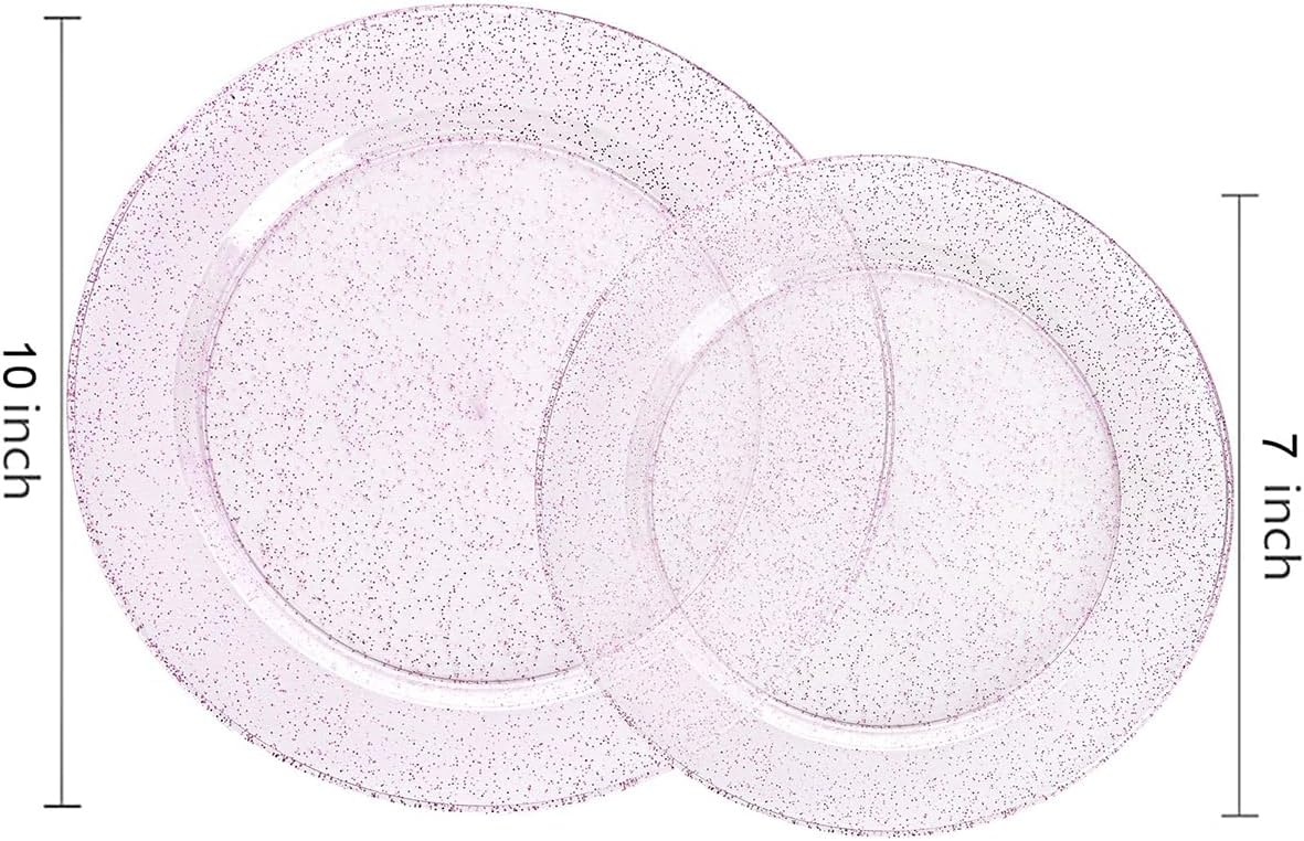 WDF 200PCS Pink Plastic Plates - Rose Gold Glitter Plastic Plates - Heavy Duty Pink Glitter Disposable Plates - Include 100 Dinner Plates 10" and 100 Dessert Plates 7" for Parties/Wedding