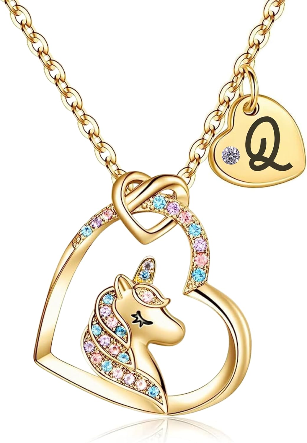 Unicorn Necklace for Girls Kids with Personalized Initial Heart Pendant, 18K Gold Fashion Jewelry for Girls, Colorful Heart Necklace for Birthday Gifts.