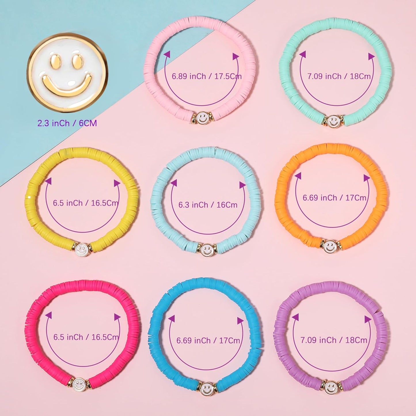 Preppy Bracelets Set Colorful White Gold Smile Heart Star Polymer Beaded Pearl Clay Stackable Charm Y2K Kidcore Aesthetic Summer Beach Bohemian Stretch Layering Bracelets Jewelry for Girls Women Teens