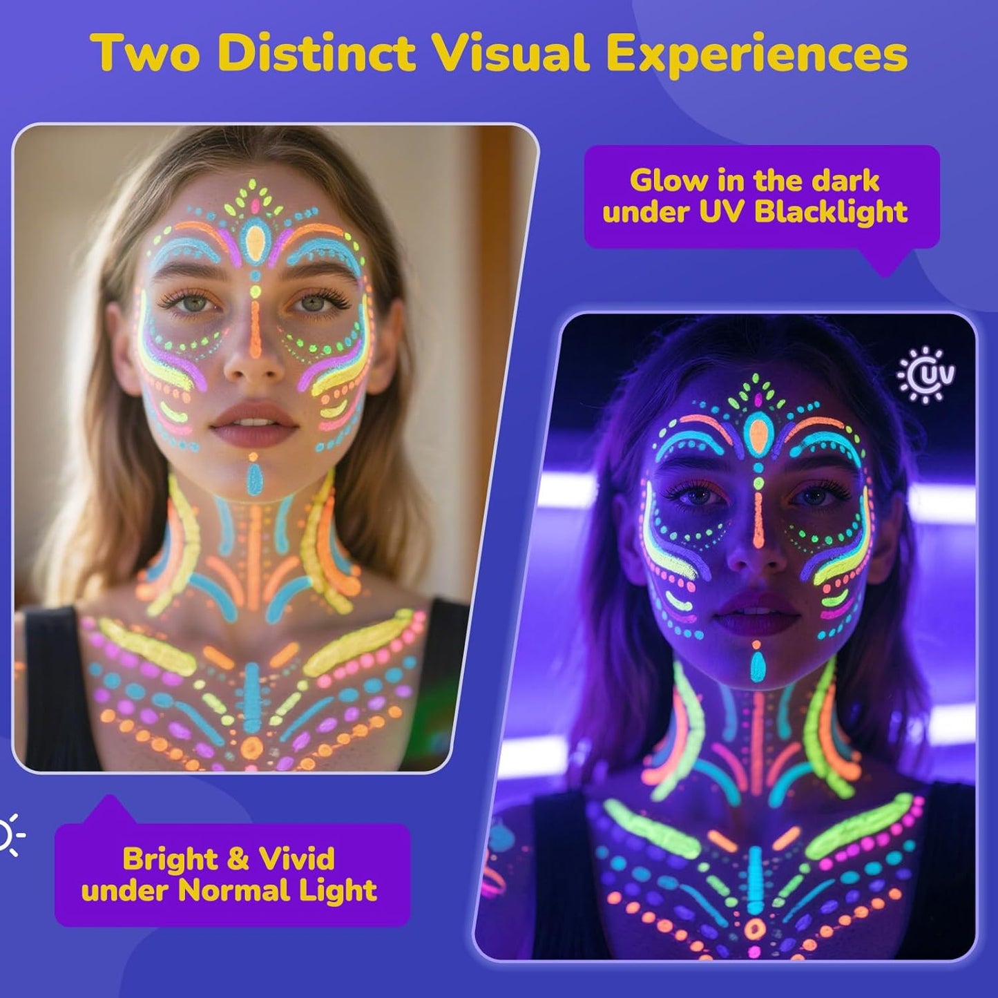 Beesjuy Glow Face Body Paint,12 PCS Glow In The Dark Under UV BlackLight, Face Painting Kits Neon Makeup Sticks for Kids Adult Halloween Birthday Glow Party Supplies