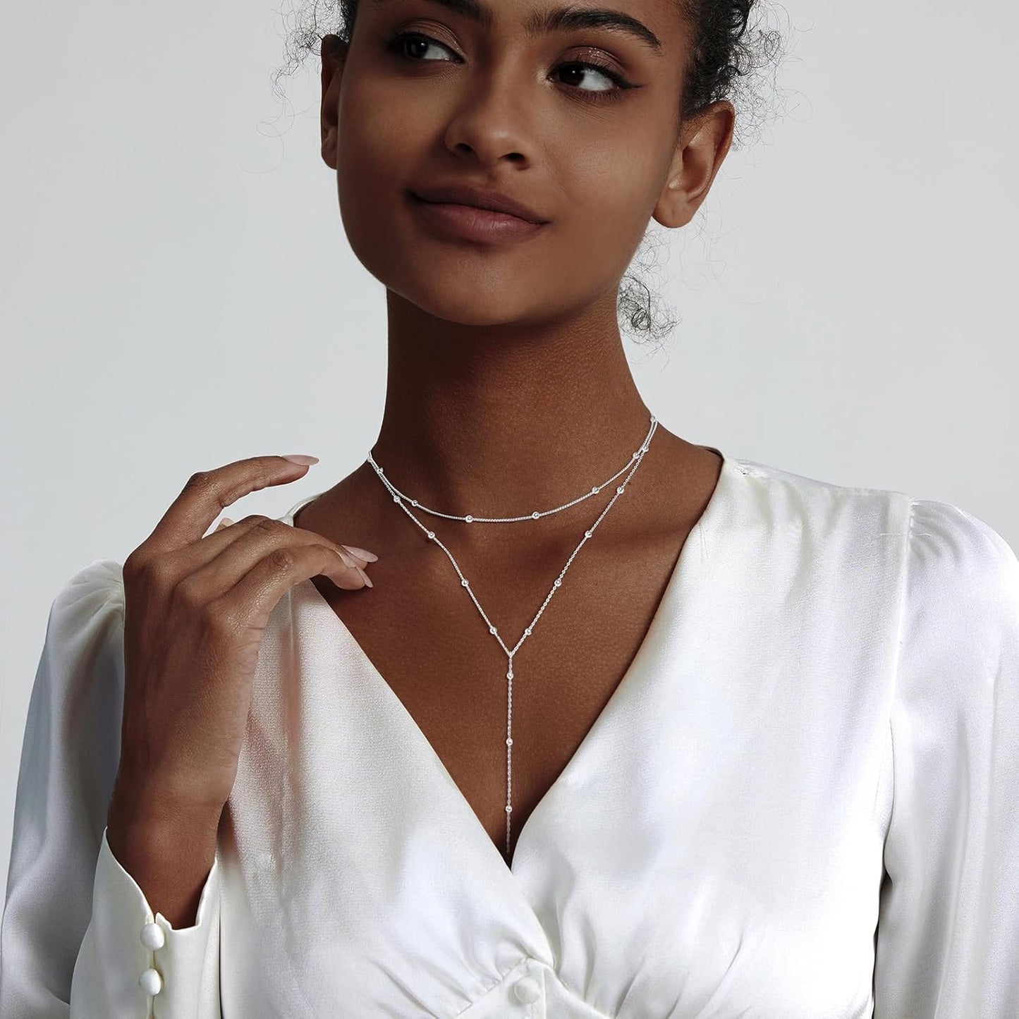 Luxval Lariat Gold Necklace for Women, Dainty Long Necklace 14k Gold Plated/Silver Y-Shaped Pendant Necklaces Trendy Beaded Chain Drop Necklaces Jewelry for Women Gifts