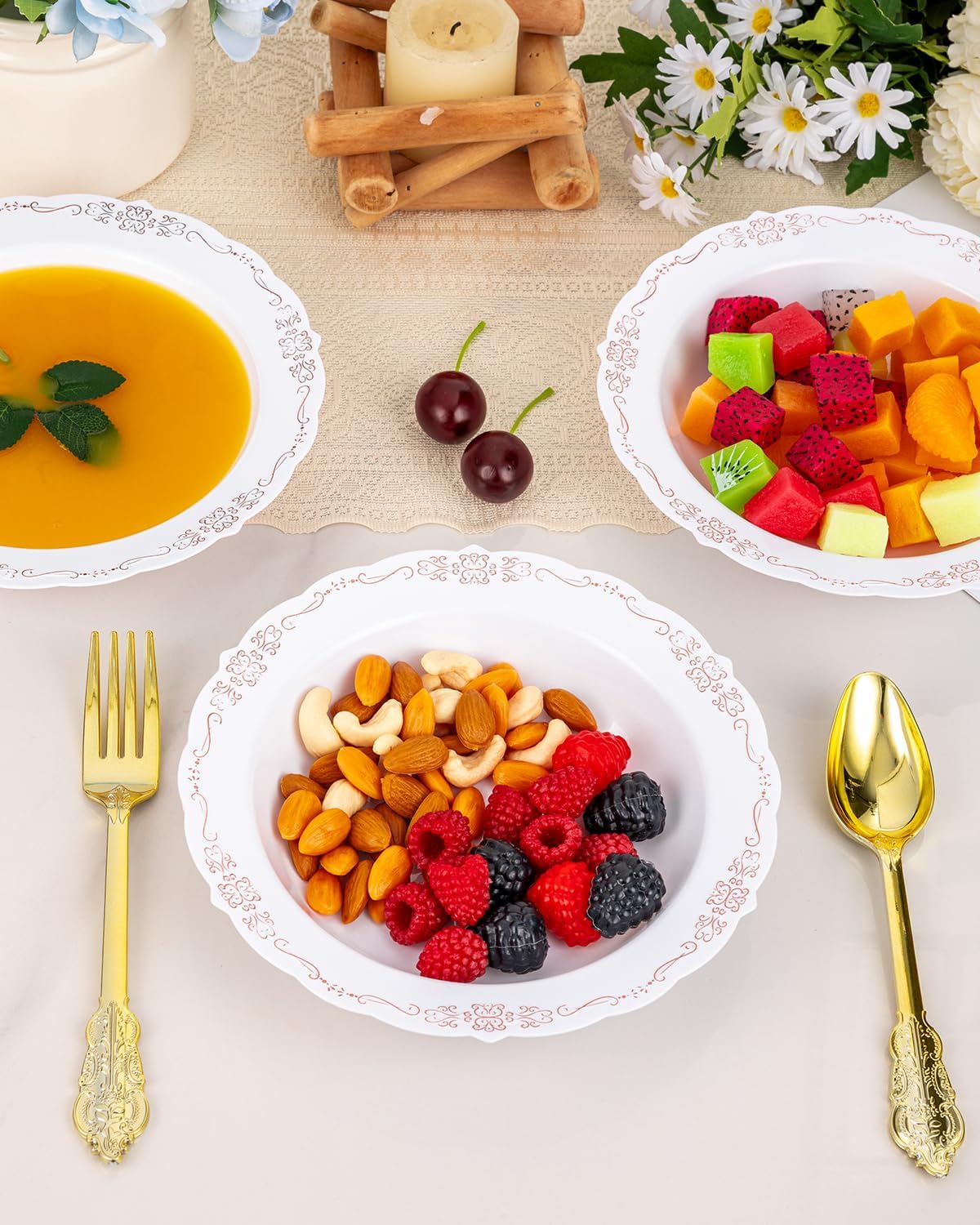 100 Pack White Plastic Bowls with Rose Gold Rim, 12oz Plastic Dessert Bowl, Bowls Disposable Heavy Duty for Hot Soup, Dessert, Salad, Cake, Ice Cream, Fruit