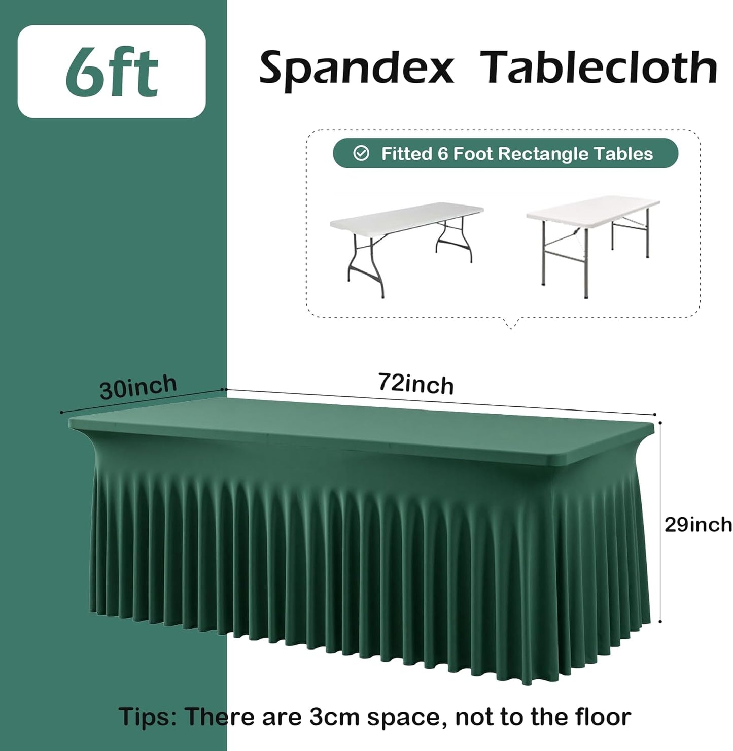 2 pk Hunter Green Spandex Tablecloth for 6 Foot Rectangle Tables, Wrinkle Free Fitted Spandex Table Covers 6ft Green Stretch Table Cloths with Ruffle Skirt for Parties Weddings Banquet Baby Shower