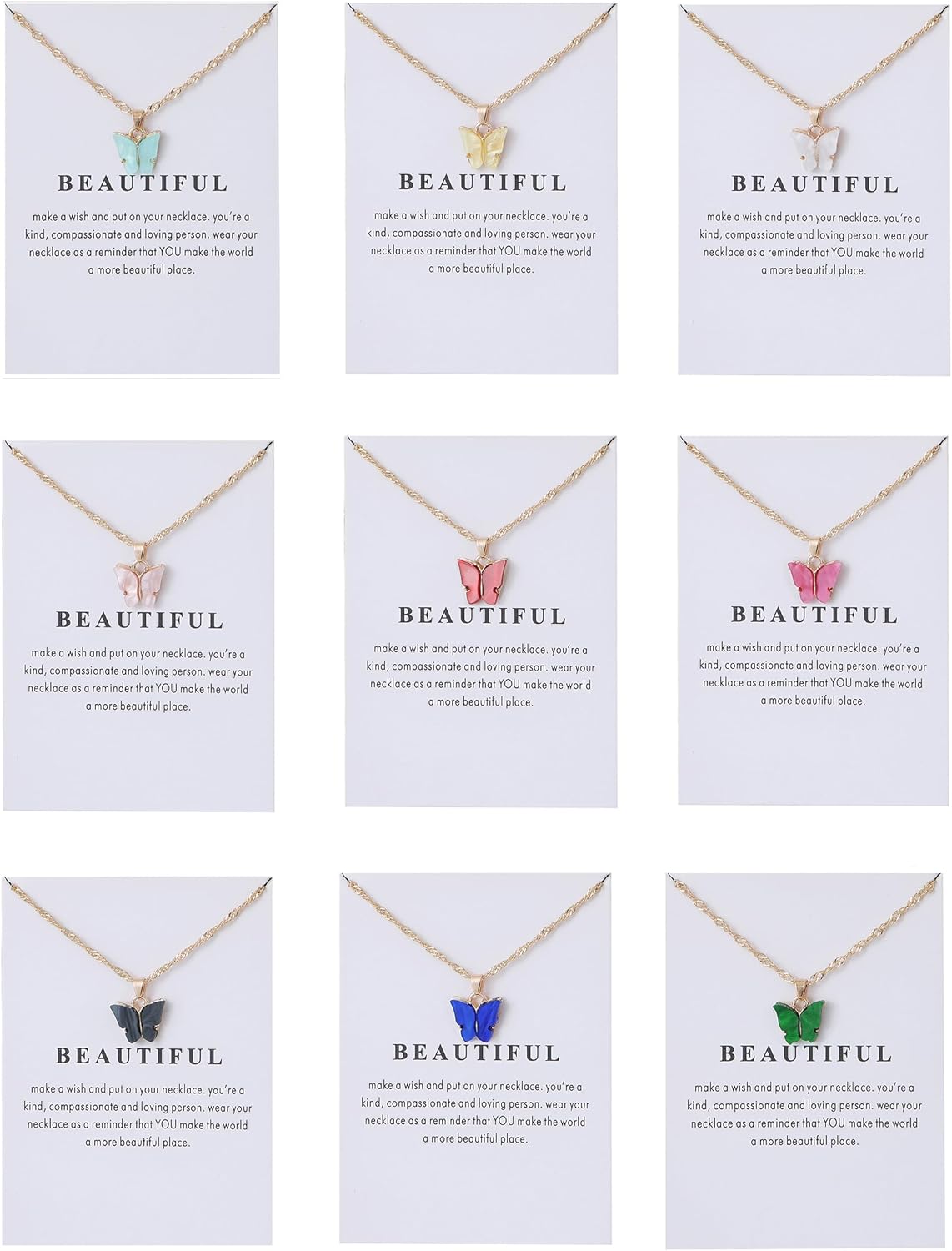 9 pcs Colorful Butterfly Pendant Necklace for Women Bohemian Acrylic Adjustable Retro Card Clavicle Chain Insect Animal Necklace Friend Friendship Party Jewelry Gift