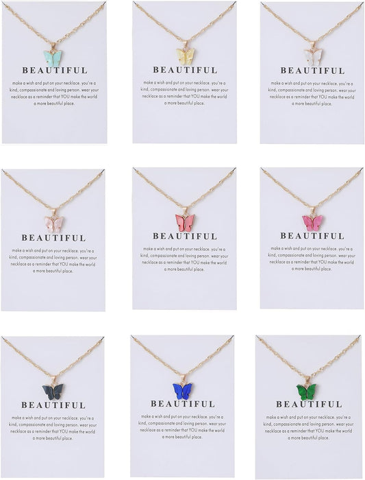 9 pcs Colorful Butterfly Pendant Necklace for Women Bohemian Acrylic Adjustable Retro Card Clavicle Chain Insect Animal Necklace Friend Friendship Party Jewelry Gift