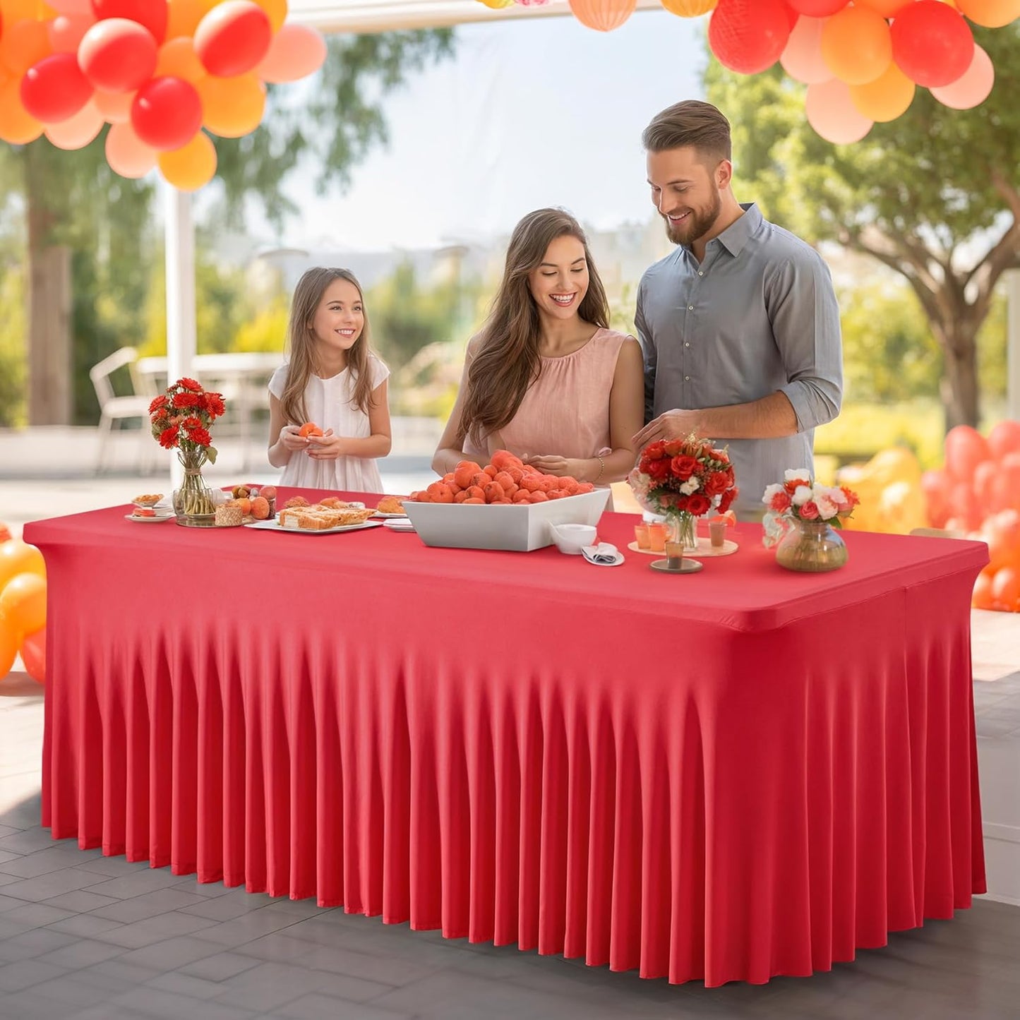 PARTISKY Red Spandex Tablecloth for 4ft Rectangle Tables, Stretchable Table Cover Skirt for Folding Tables Weddings Parties Banquets Events Trade Shows and Dessert Table