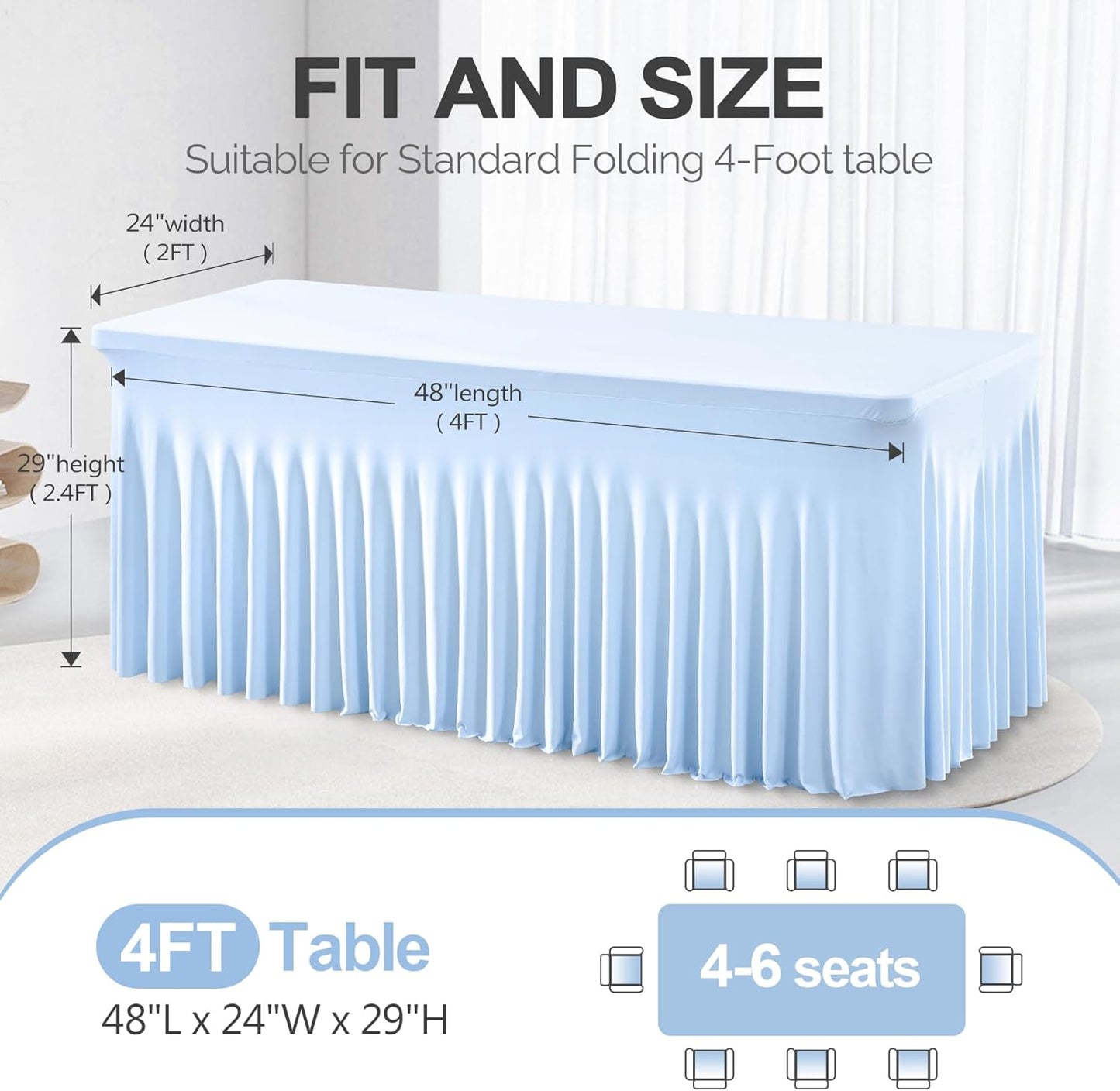 PARTISKY Blue Spandex Tablecloth for 4ft Rectangle Tables, Stretchable Table Cover Skirt for Folding Tables Weddings Parties Banquets Events Trade Shows and Dessert Table