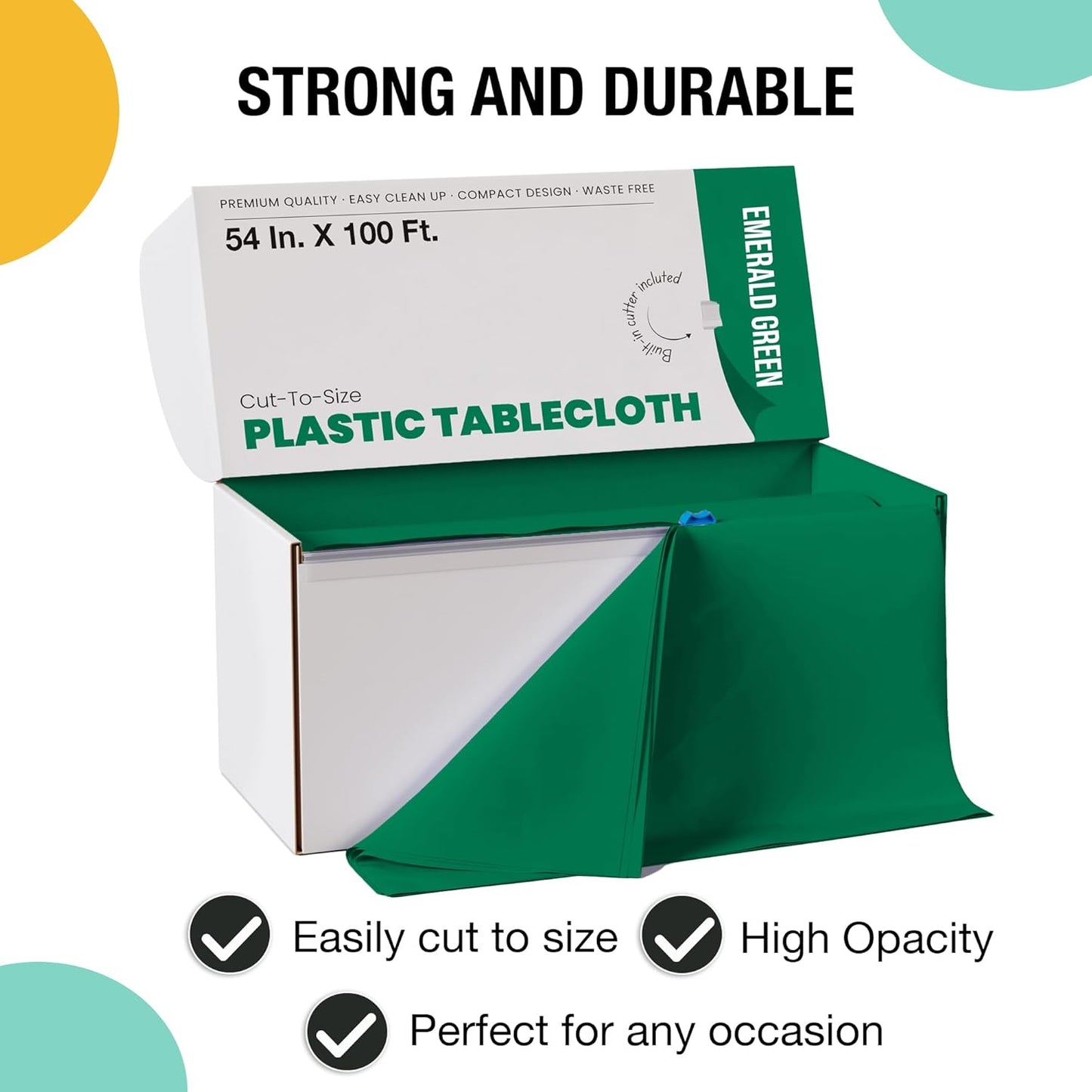 Party Solids 54 Inch X 100 Feet Emerald Green Plastic Table Cover Roll in A Cut - to - Size Box with Convenient Slide Cutter. Cuts Up to 12 Rectangle 8 Feet Plastic Disposable Tablecloths