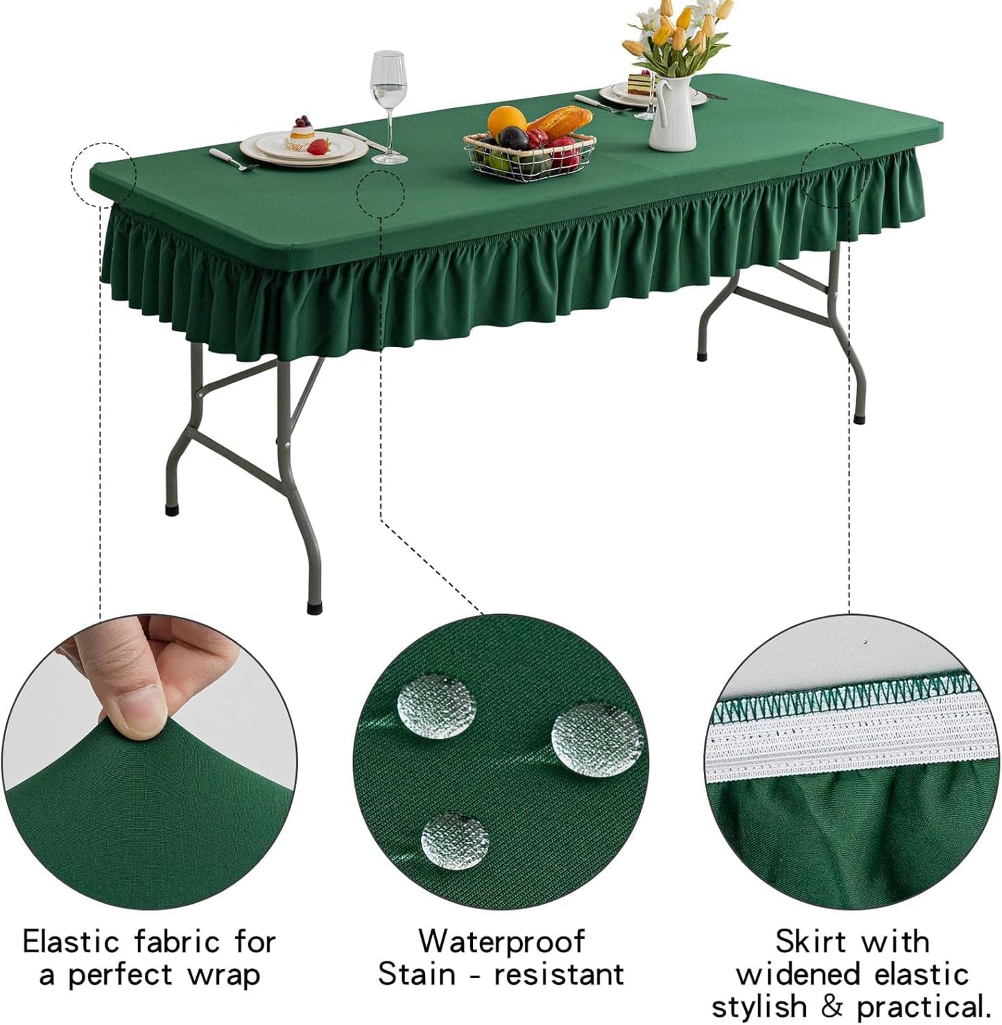 6ft Dark Green Stretch Tablecloth for Rectangular Tables - Flared Wrap Design, Waterproof, Wrinkle-Resistant, Washable - Ideal for Weddings, Parties, Banquets & Table Protection