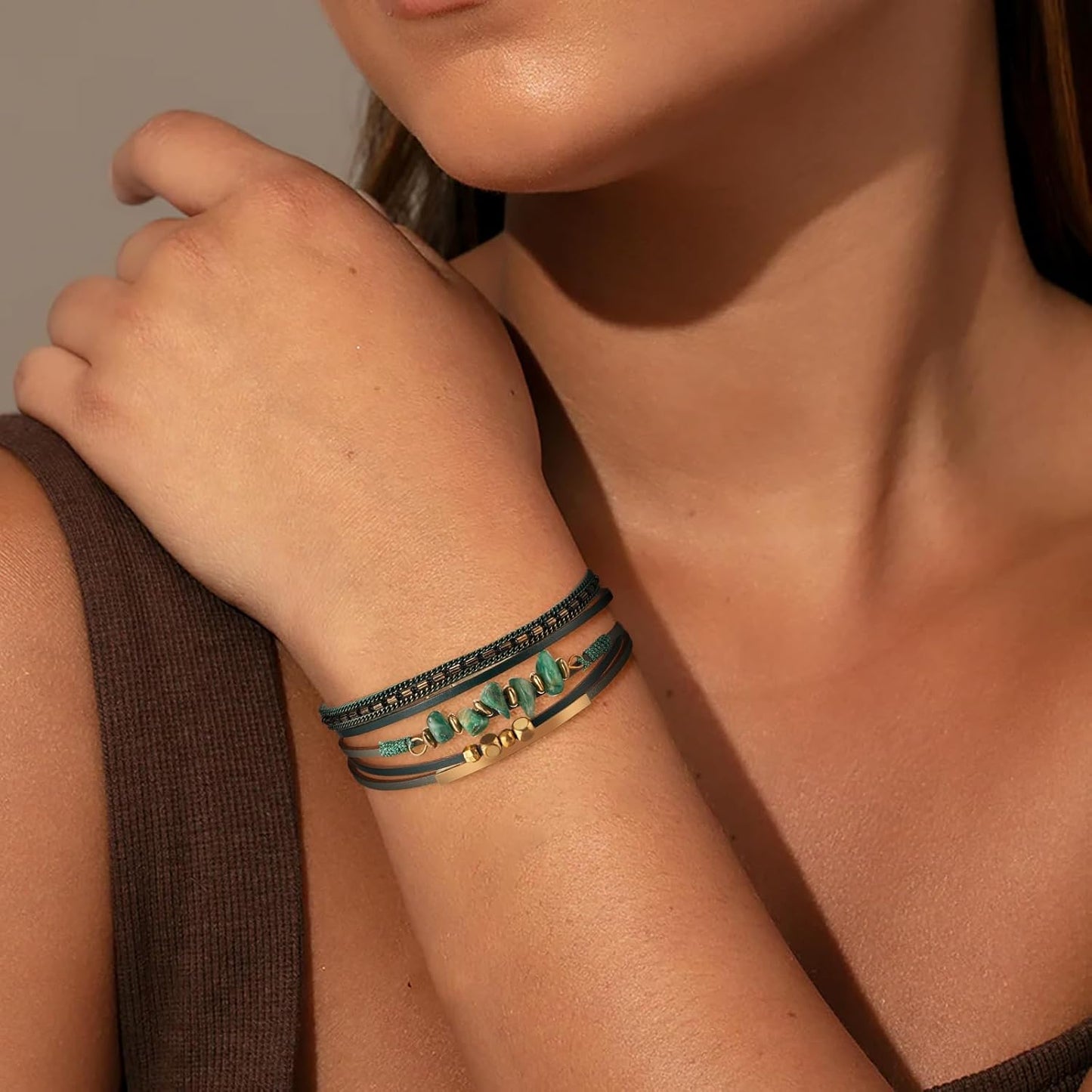 Fesciory Leather Wrap Bracelets for Women, Boho Leopard Multi-Layer Crystal Beads Cuff Bracelet Jewelry