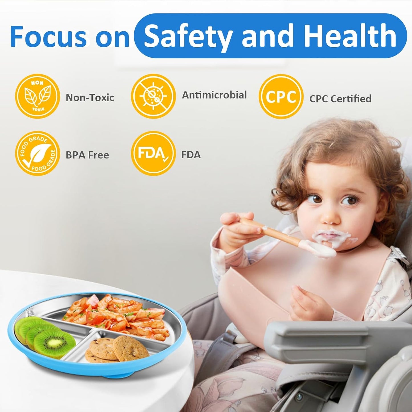 Stainless Steel Suction Plates for Toddlers, 9" Divided Kids Baby Plates with Removable Silicone Suction, Non Toxic Non Slip Portion Control Snack Dishes 3 Packs, Bright Orange/Blue/Green