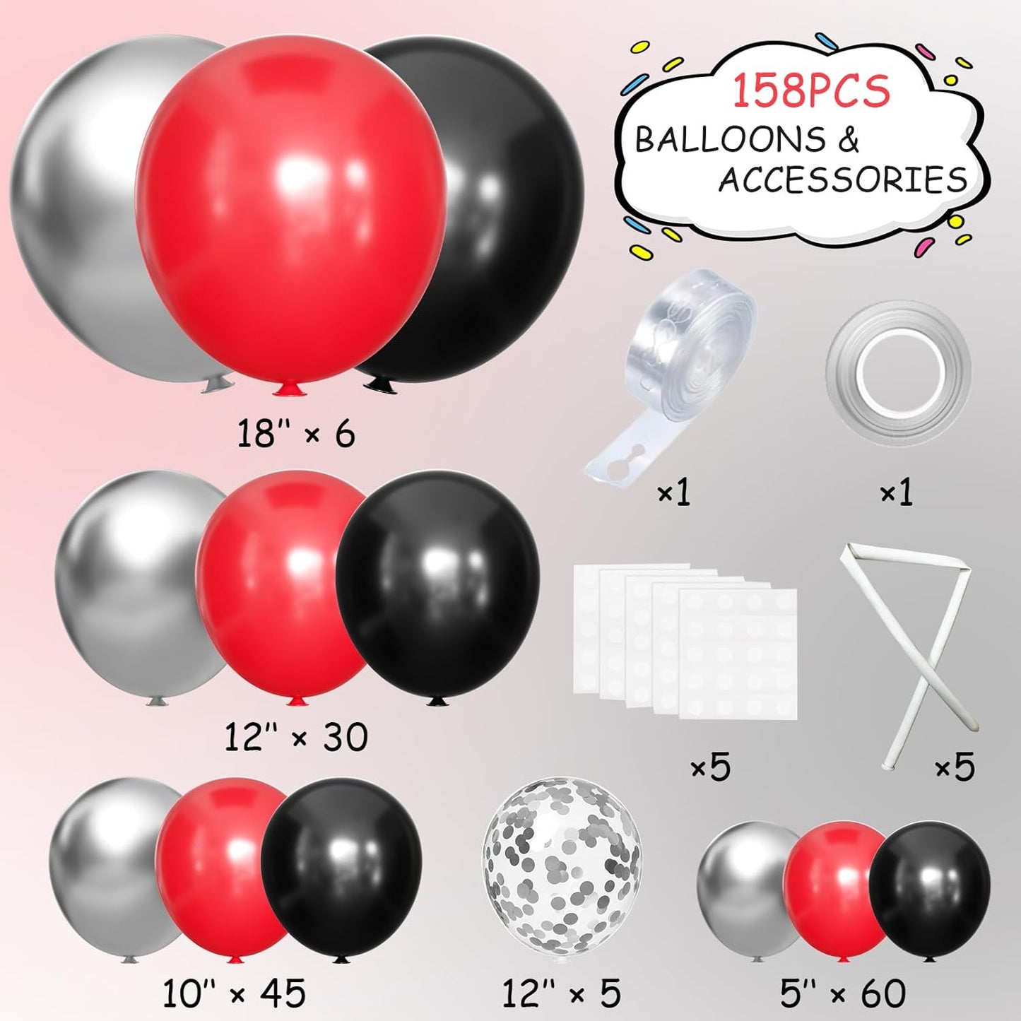 Black Red Metallic and Confetti Silver Balloons Garland Arch Kit, 147 Pcs Latex Balloon Different Sizes for Birthday Party Graduation Father's Day Anniversary Bachelorette Party Decoration