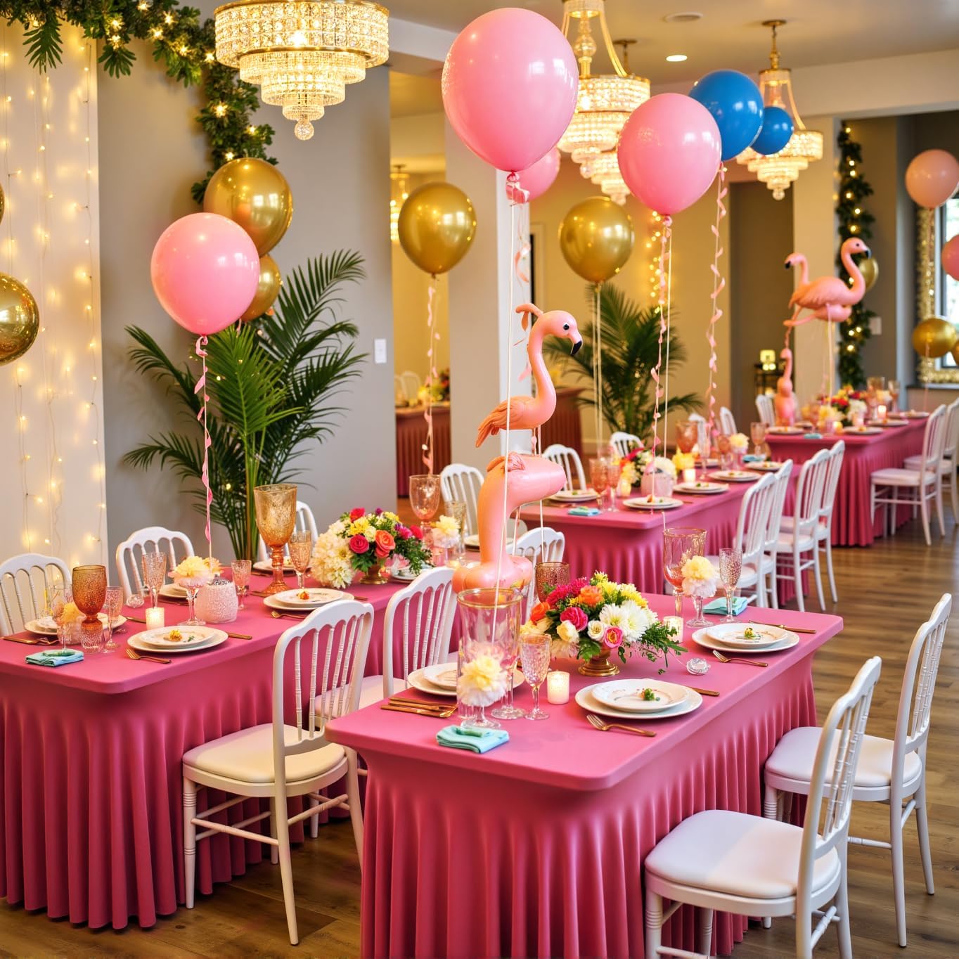 leegleri 4 Pack Hot Pink Spandex Tablecloths for 8 Foot Rectangle Tables, Wrinkle Free Fitted Table Cloths 8ft Stretchy Table Cloth Cover with Skirt for Parties Weddings Birthday Banquet Baby Shower