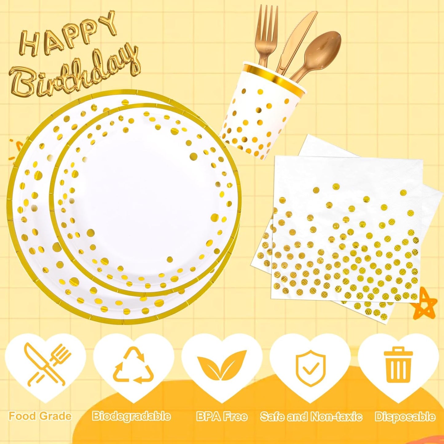 Supernal 350pcs White and Gold Plates & Napkins Party Supplies,10inch Birthday Plates 7inch White and Gold Paper Plates Gold Plastic Forks,Knives,Spoons,White Napkins Cups Served 50 Guest for Birthday